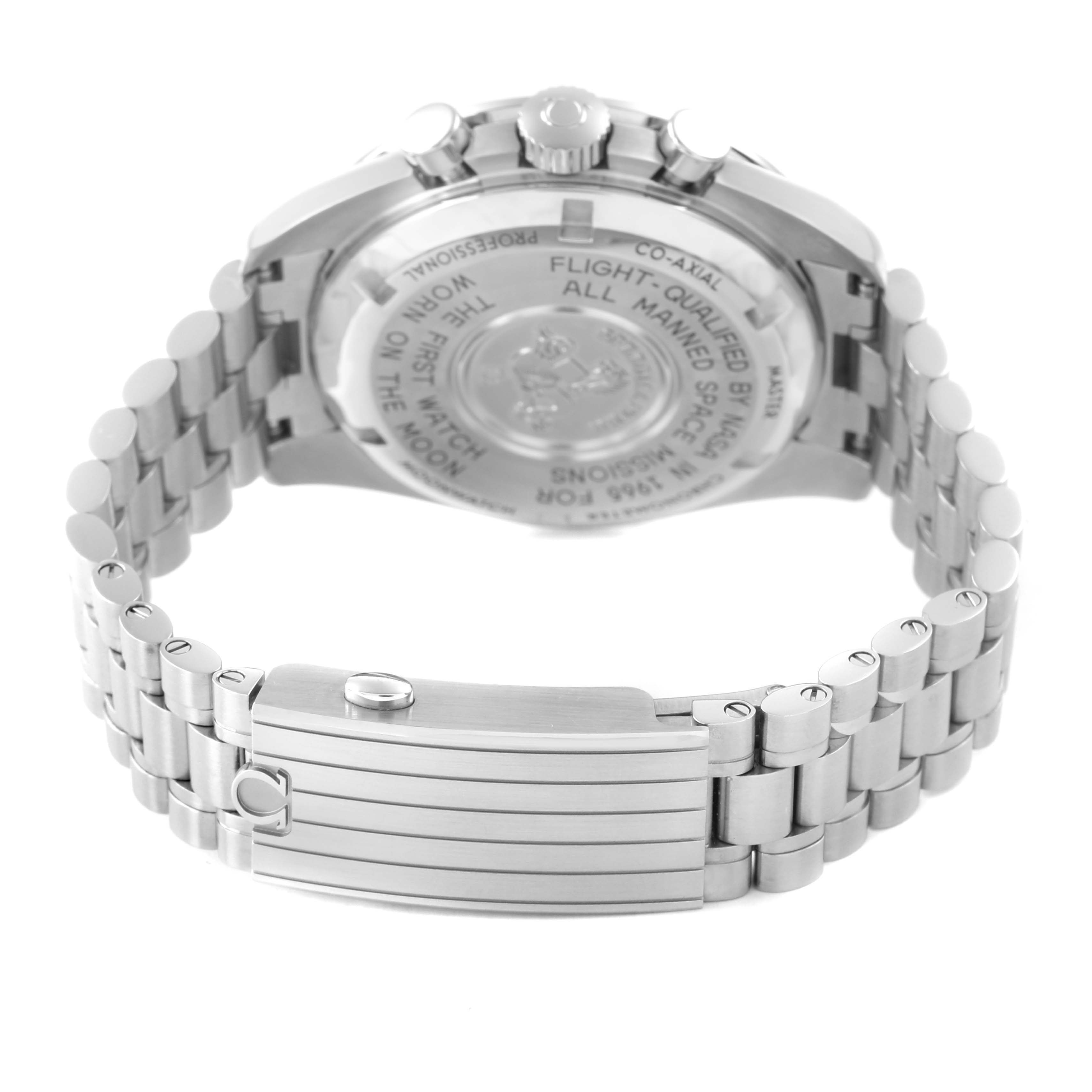 The Omega Speedmaster 310.30.42.50.01.001 Men's Stainless Steel Black Dial is shown from the back, highlighting the case back, bracelet, and clasp.