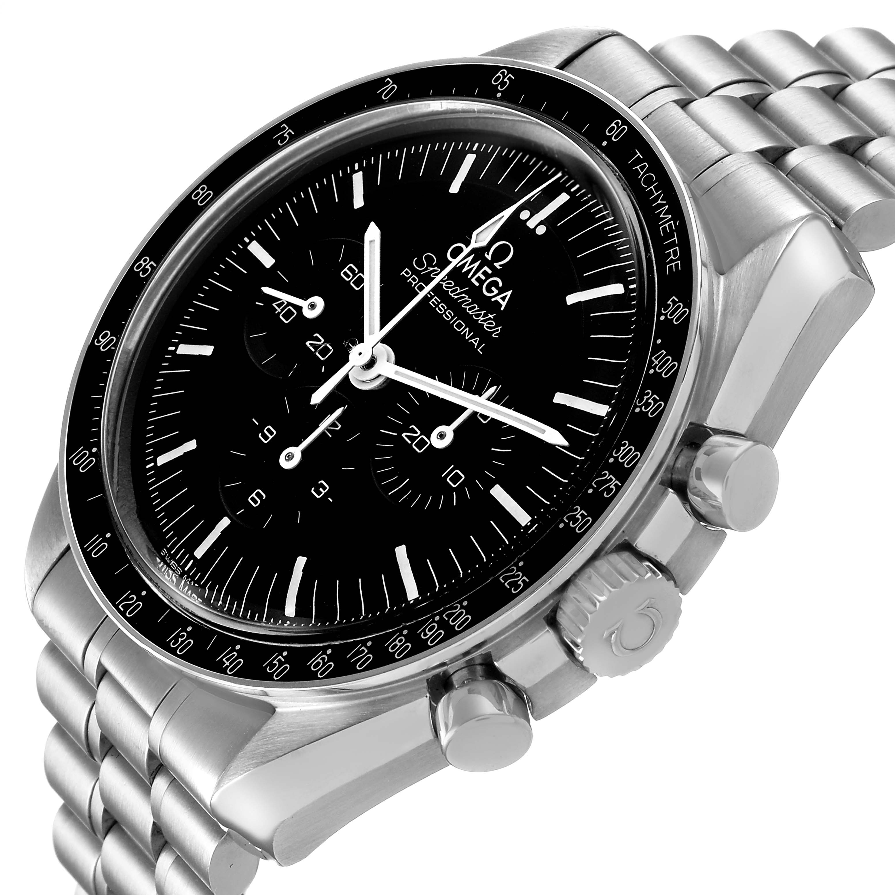 The Omega Speedmaster 310.30.42.50.01.001 Men's Stainless Steel Black Dial watch is shown at a slight angle, highlighting the face, chronograph dials, bezel, and stainless steel bracelet.
