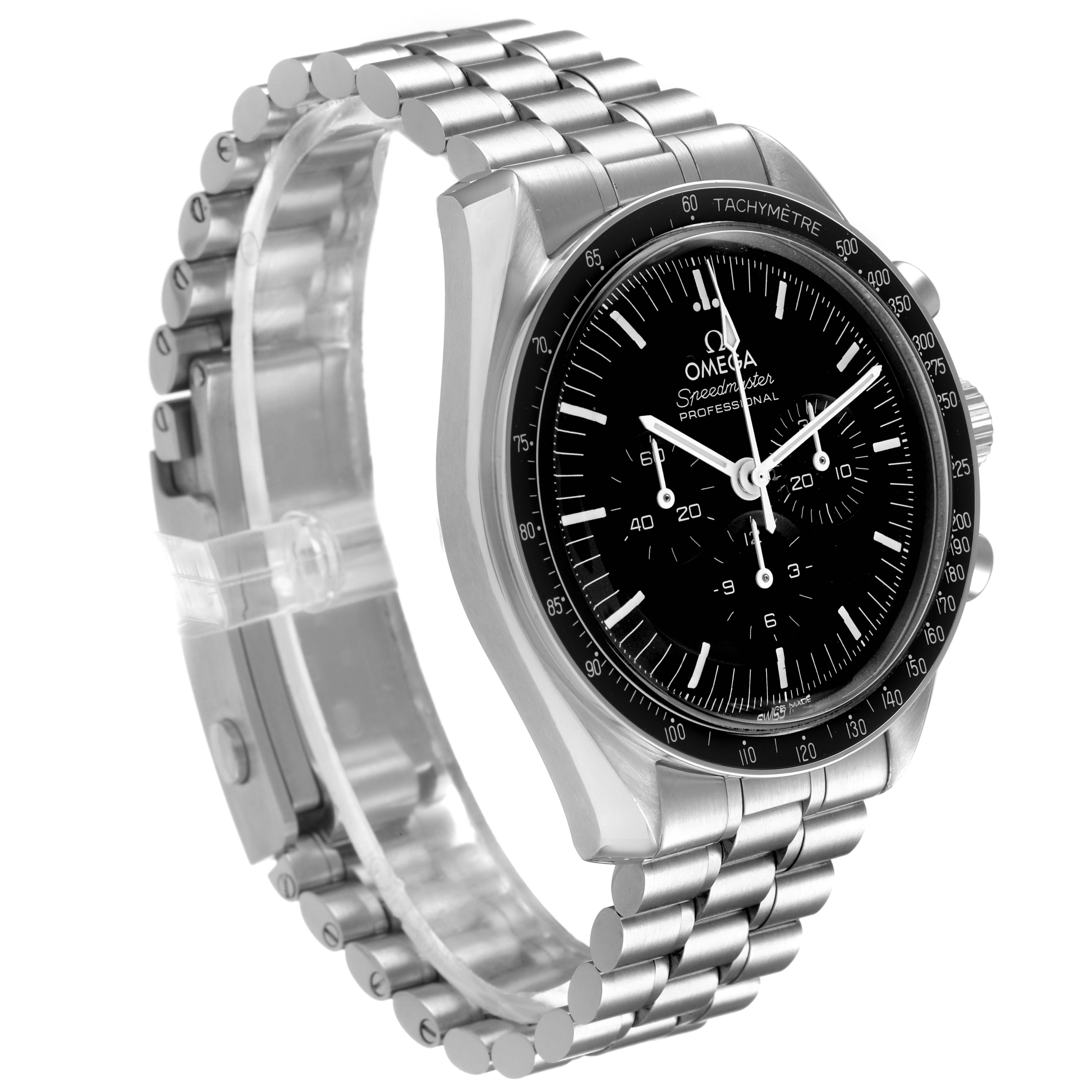 The Omega Speedmaster 310.30.42.50.01.001 Men's Stainless Steel Black Dial is displayed at a 3/4 angle showing the bracelet, case, bezel, and dial with visible tachymeter scale.
