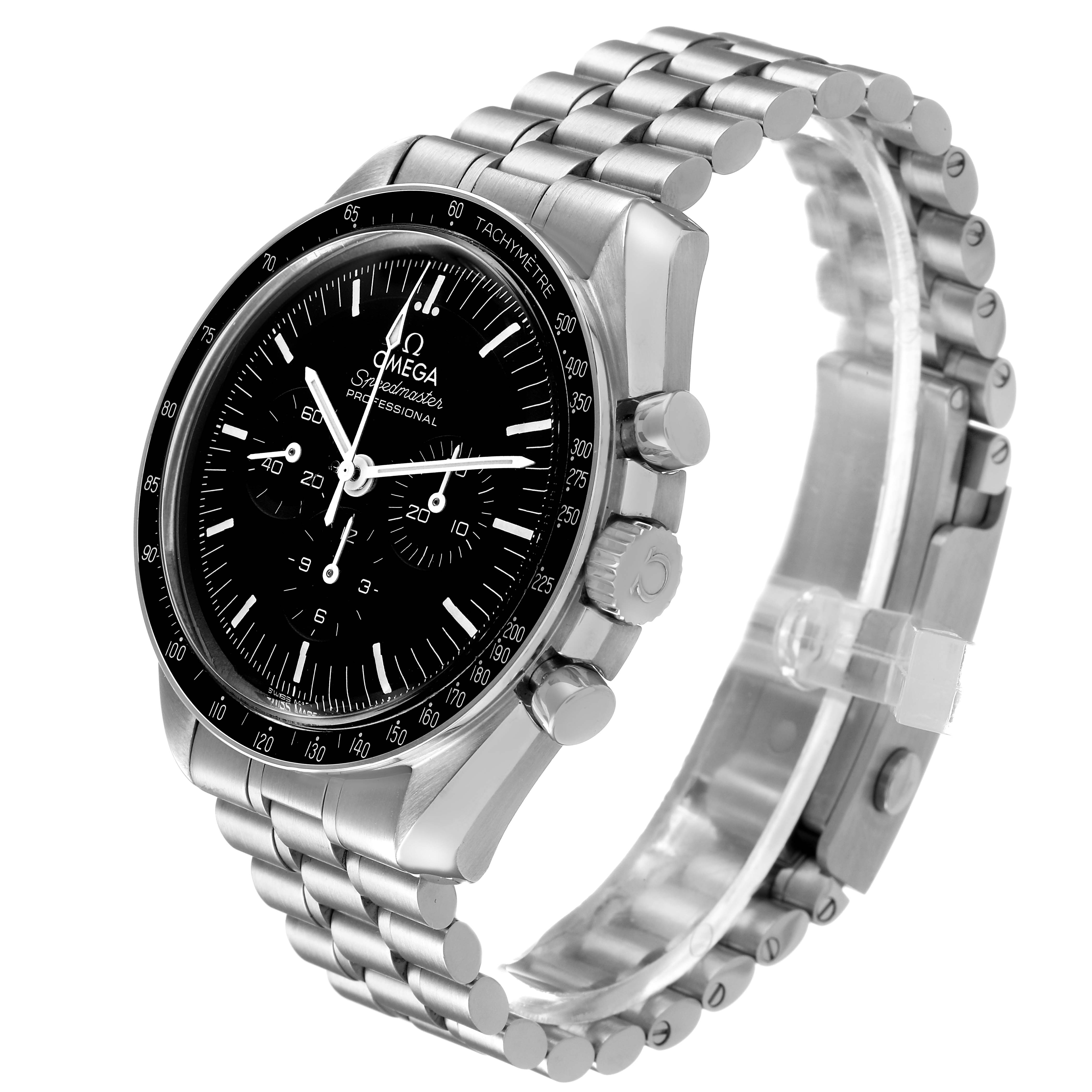 The Omega Speedmaster 310.30.42.50.01.001 Men's Stainless Steel Black Dial is shown at a three-quarter angle, highlighting the bezel, dial, chronograph pushers, and bracelet.