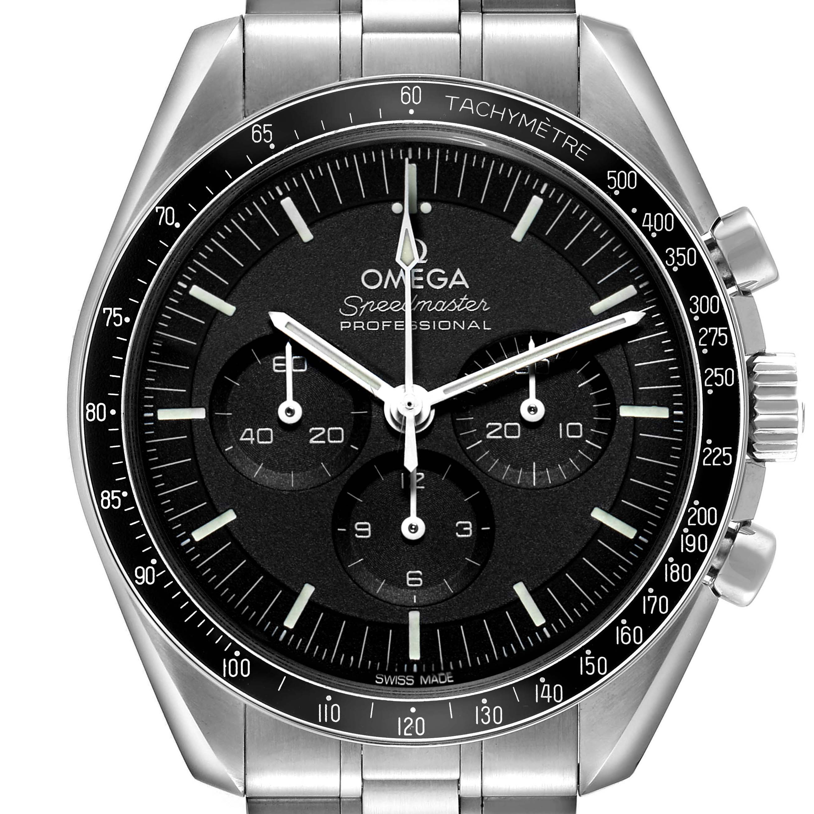 The Omega Speedmaster 310.30.42.50.01.001 Men's Stainless Steel Black Dial watch is shown from a front angle, displaying the dial, bezel, and pushers.