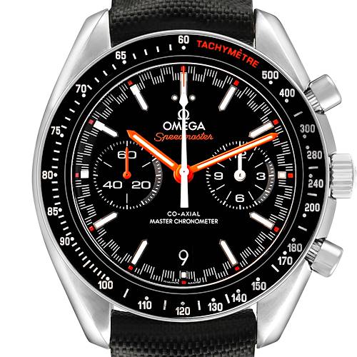 The Omega Speedmaster 329.32.44.51.01.001 Men's Stainless Steel Black Dial watch is shown from a front angle, displaying the face, subdials, tachymeter bezel, and pushers.