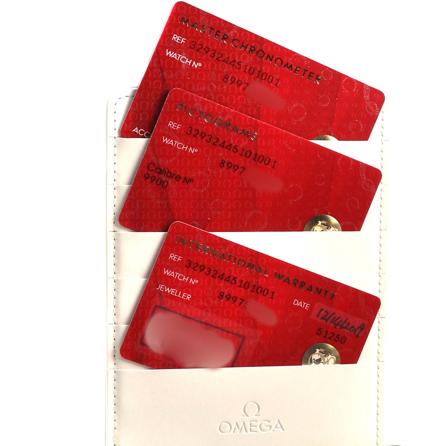 The image shows certification and warranty cards for the Omega Speedmaster 329.32.44.51.01.001 Men's Stainless Steel Black Dial, displayed in a white cardholder.
