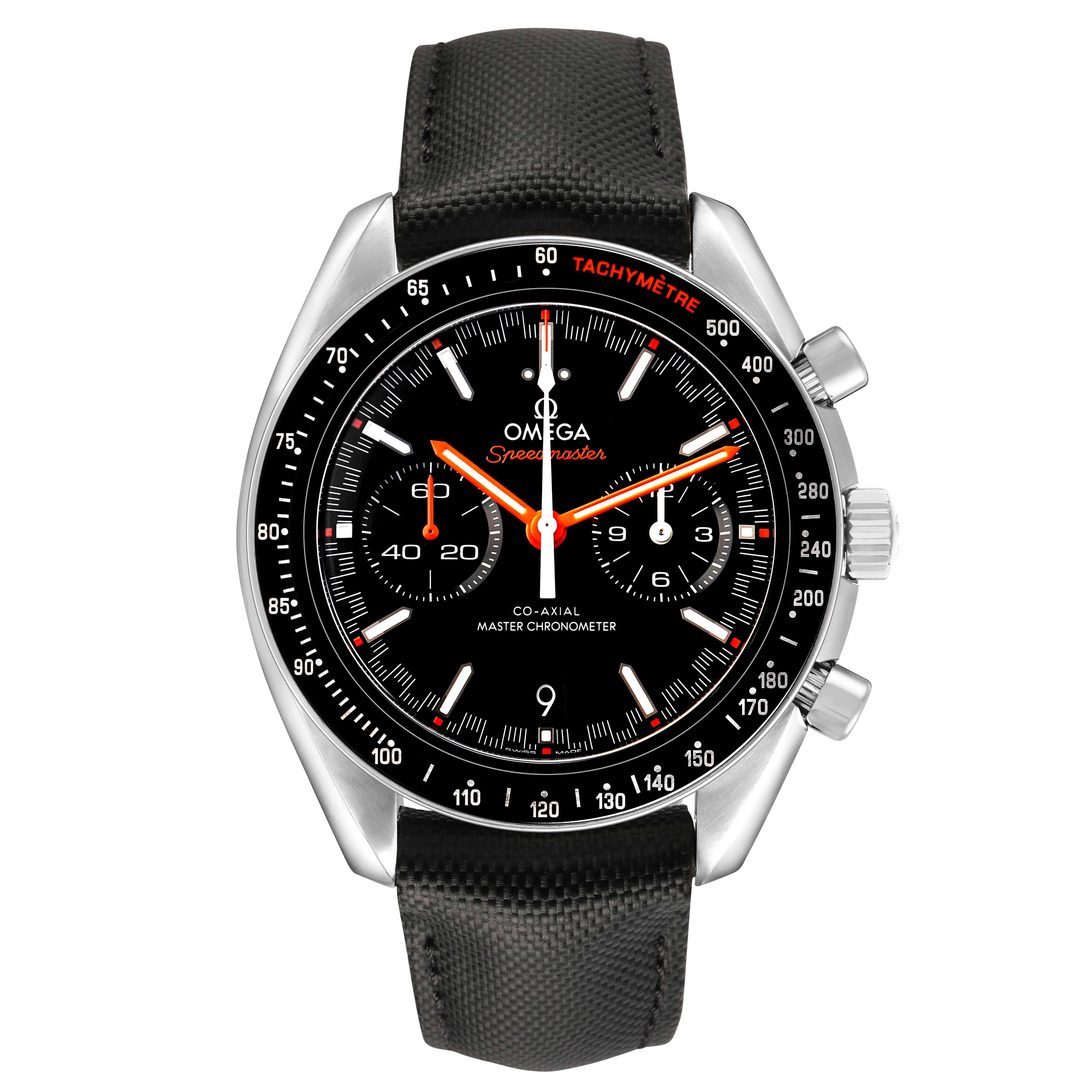 The Omega Speedmaster 329.32.44.51.01.001 Men's Stainless Steel Black Dial watch is shown from the front, displaying its black dial, tachymeter bezel, and pushers on the right side.