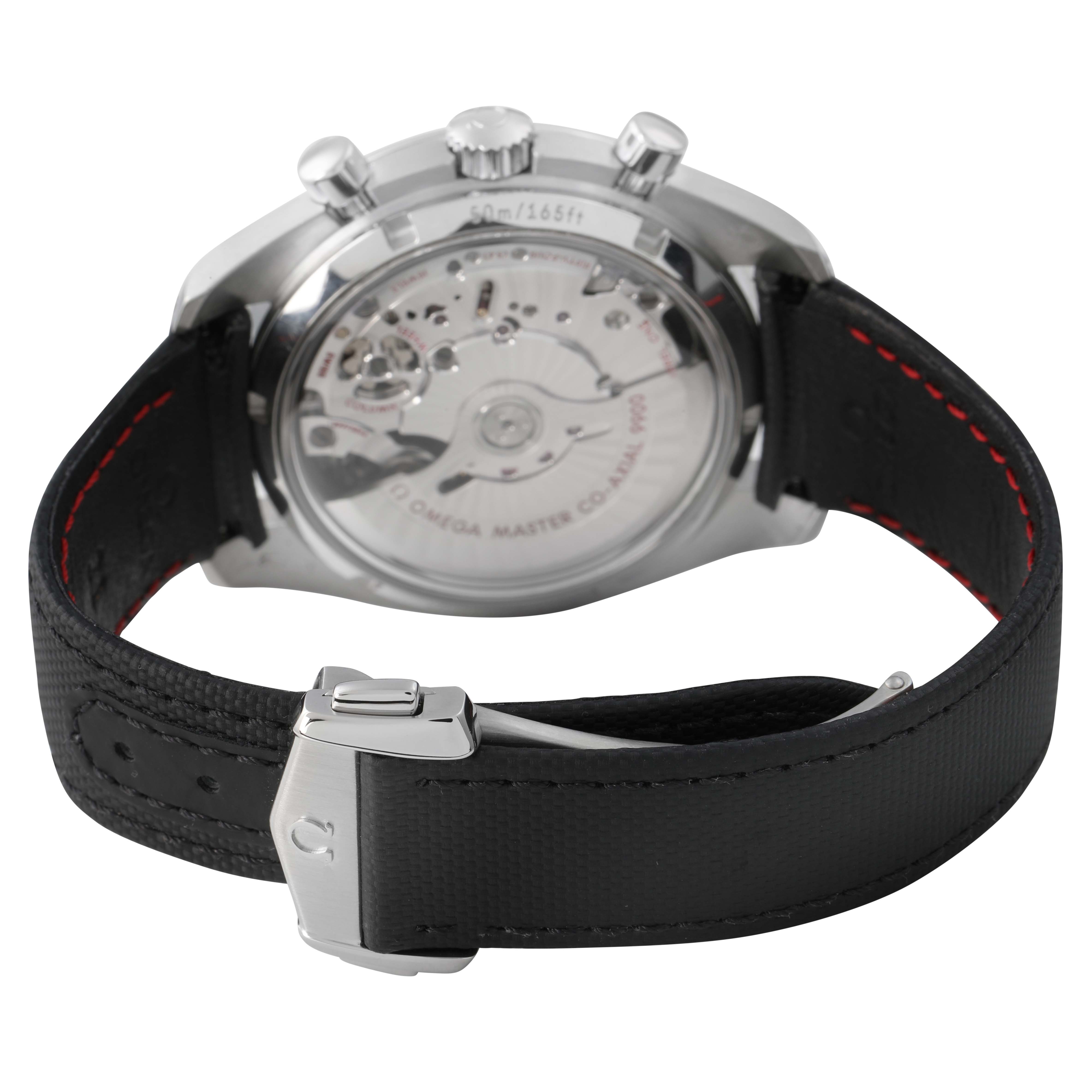 The image shows the back of an Omega Speedmaster 329.32.44.51.01.001 Men's Stainless Steel Black Dial, highlighting the movement, case, and black strap with clasp.