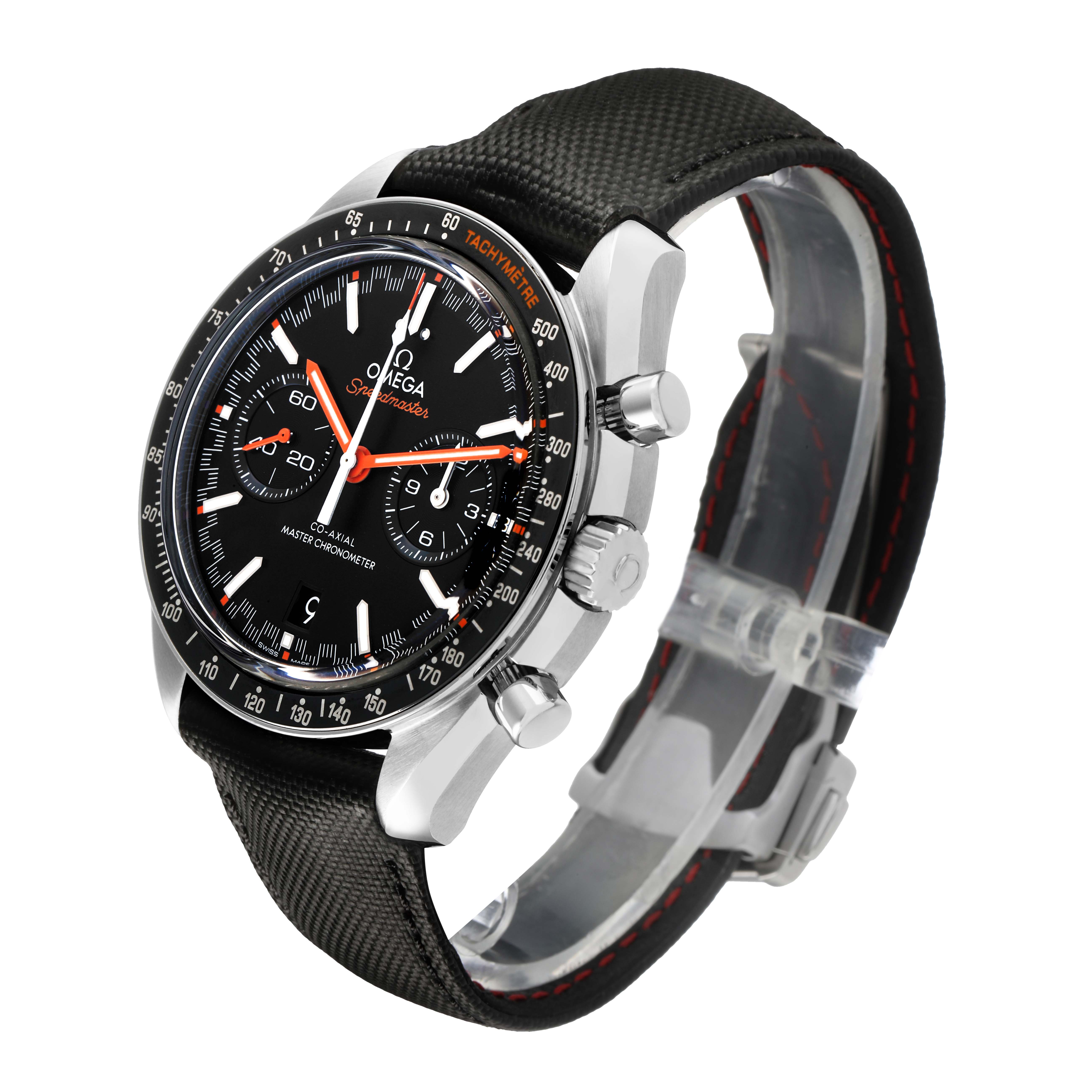 The Omega Speedmaster 329.32.44.51.01.001 Men's Stainless Steel Black Dial watch is shown at a three-quarter angle, highlighting its dial, bezel, crown, and strap.