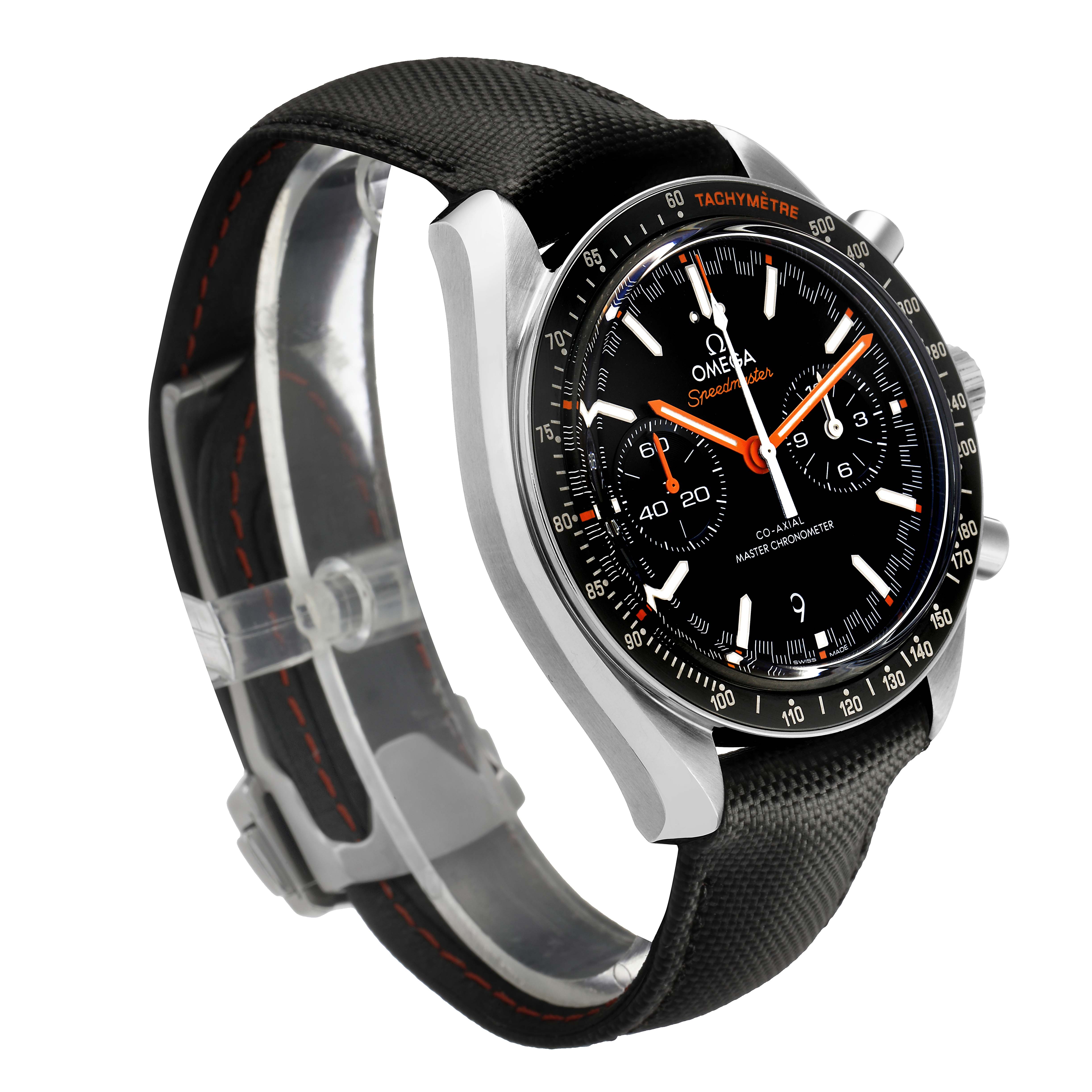 The Omega Speedmaster 329.32.44.51.01.001 Men's Stainless Steel Black Dial watch is shown at a three-quarter angle, highlighting the face, tachymeter bezel, and strap.