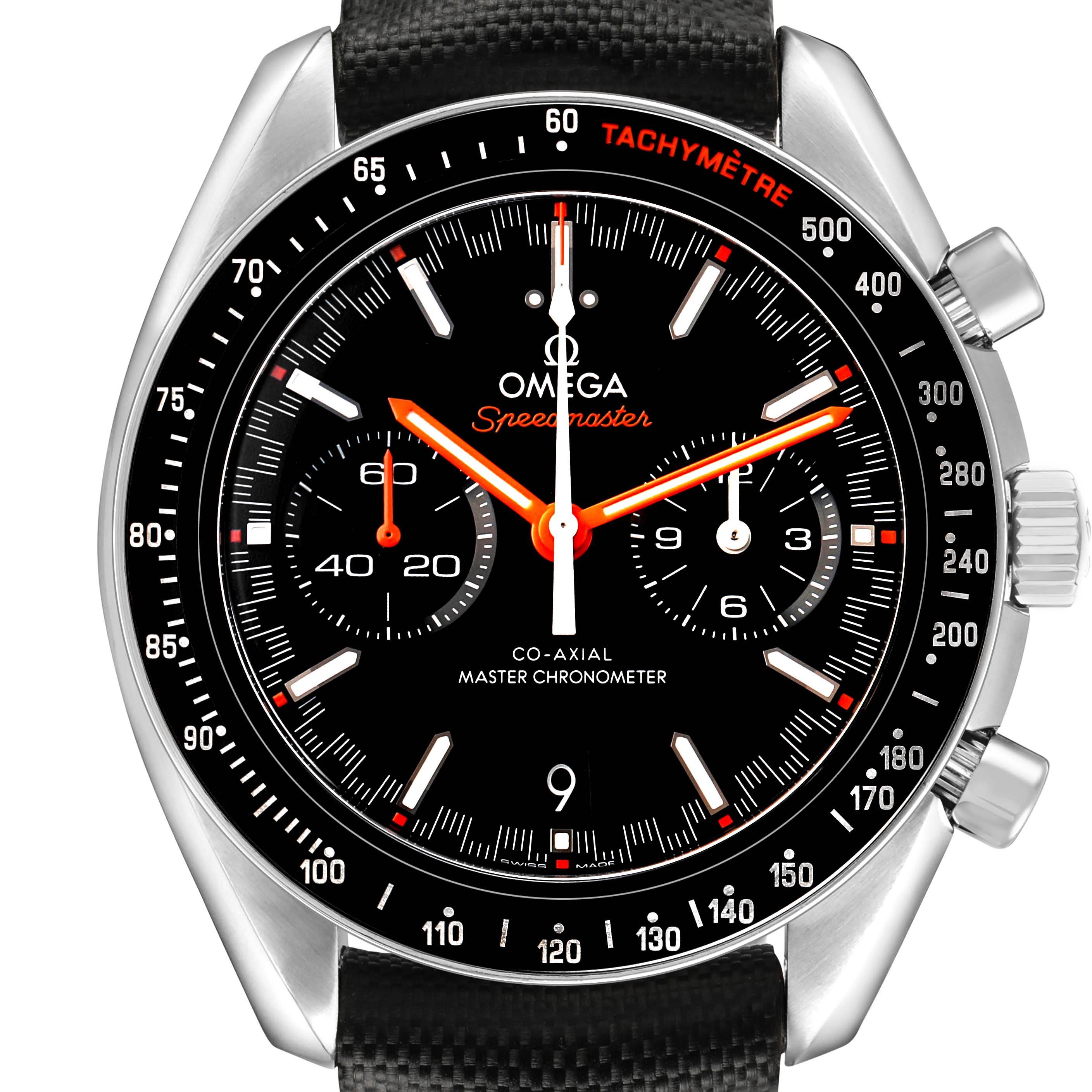 The Omega Speedmaster 329.32.44.51.01.001 Men's Stainless Steel Black Dial watch is shown from a front angle, highlighting the dial, tachymeter, subdials, and crown.
