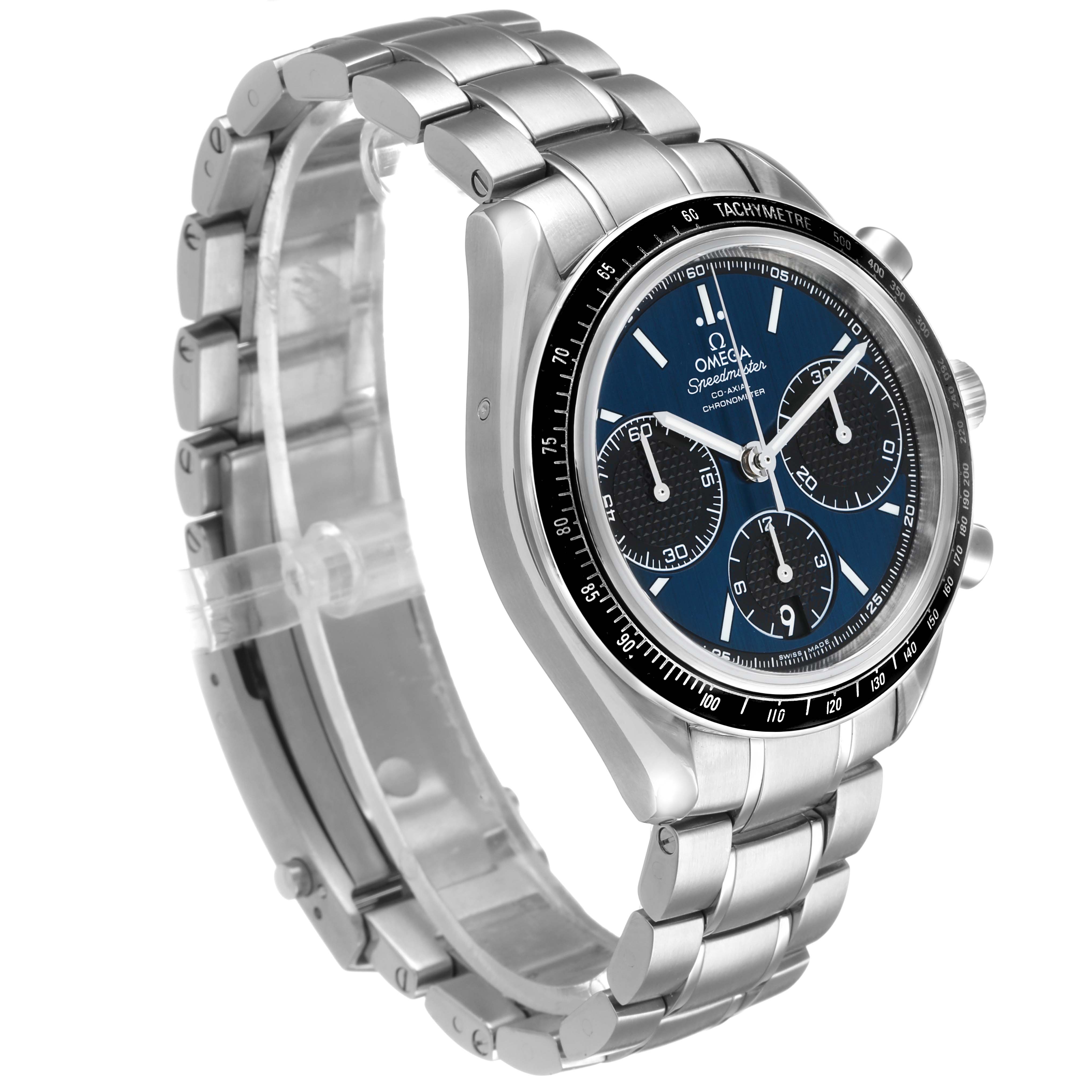 The Omega Speedmaster 326.30.40.50.03.001 Men's Stainless Steel Blue Dial model is shown at a front-side angle, highlighting its bezel, dial, and metal bracelet.