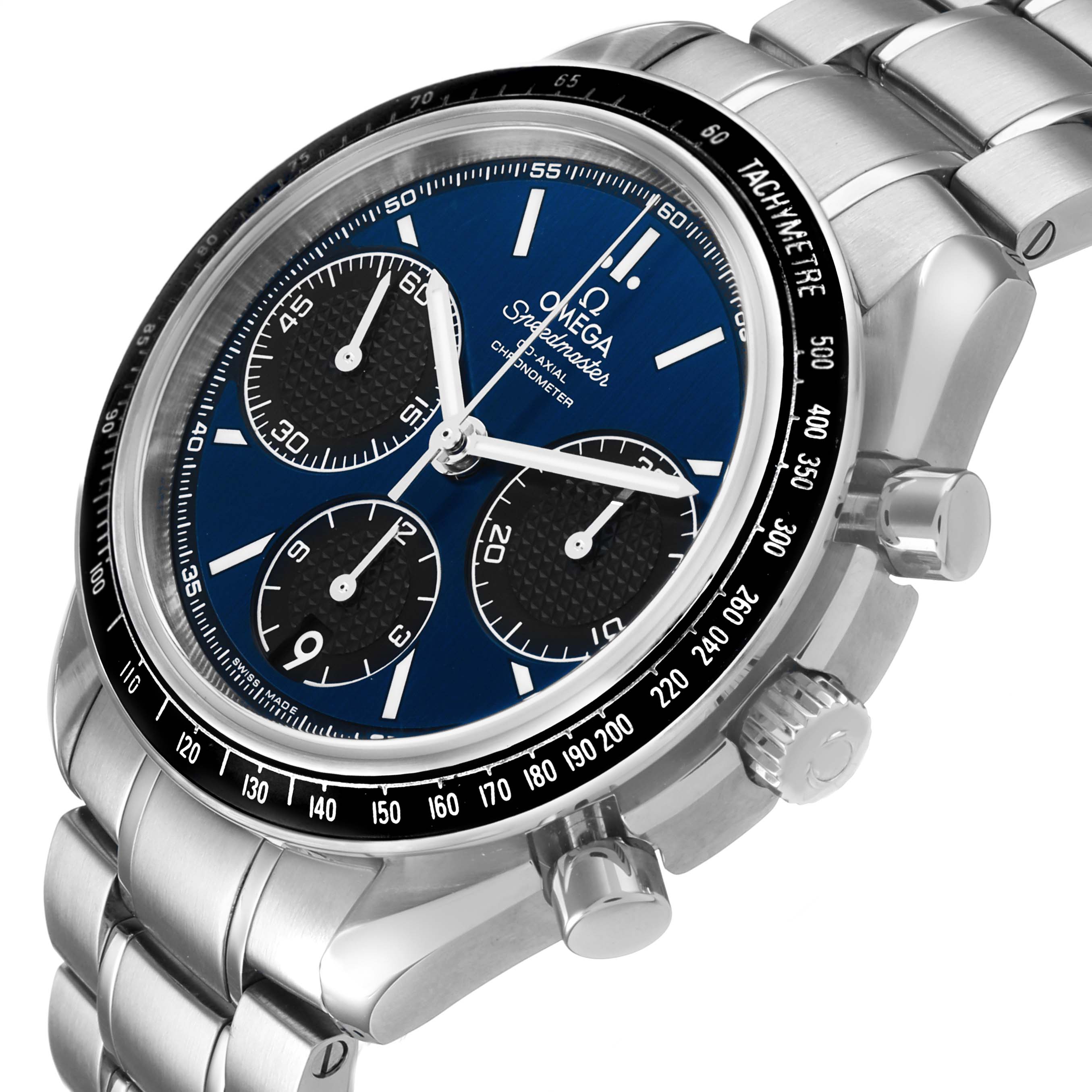 The Omega Speedmaster 326.30.40.50.03.001 Men's Stainless Steel Blue Dial watch is shown at a slightly tilted angle, highlighting the dial, bezel, and pushers.