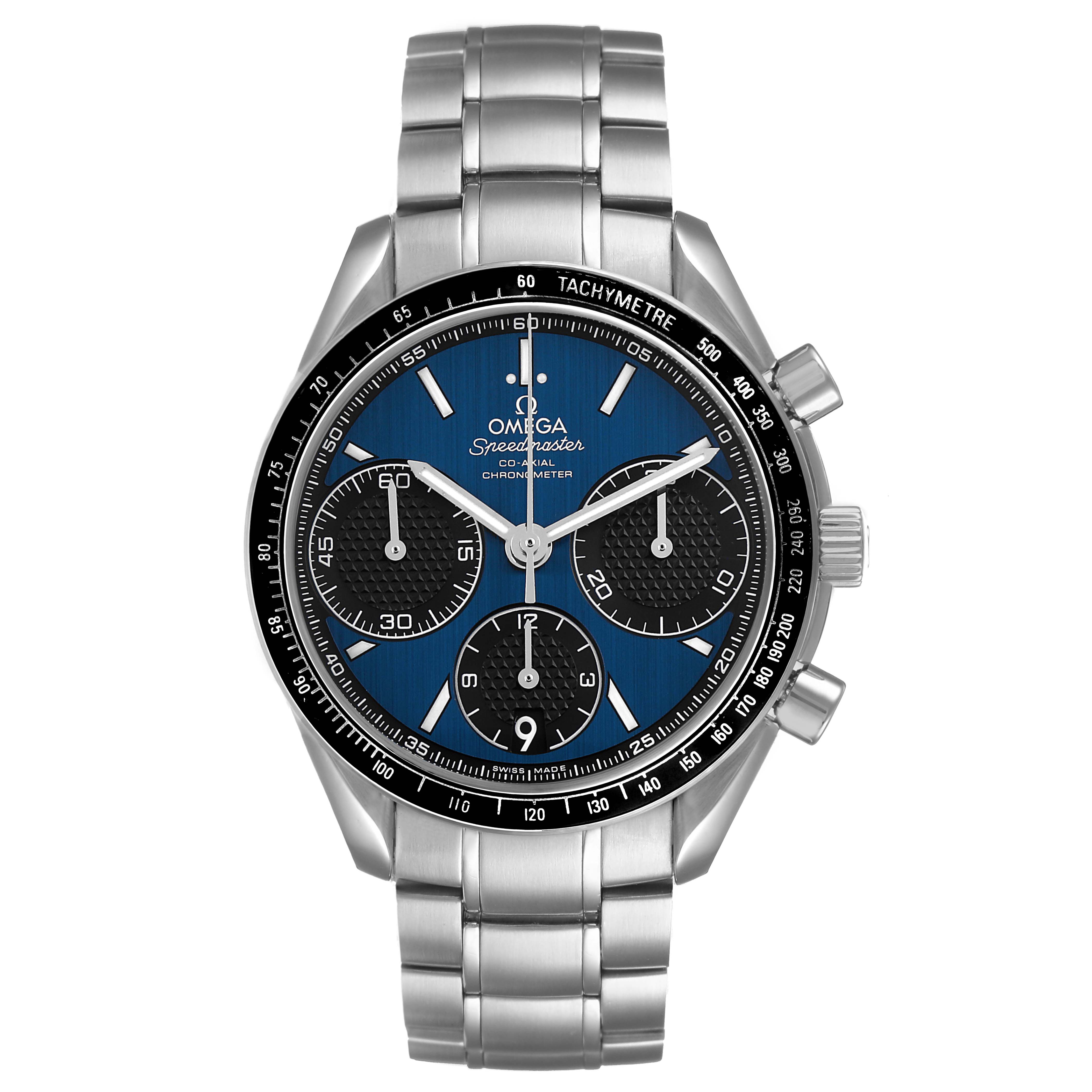 The Omega Speedmaster 326.30.40.50.03.001 Men's Stainless Steel Blue Dial watch is shown from the front, displaying the dial, bezel, subdials, and metal bracelet.
