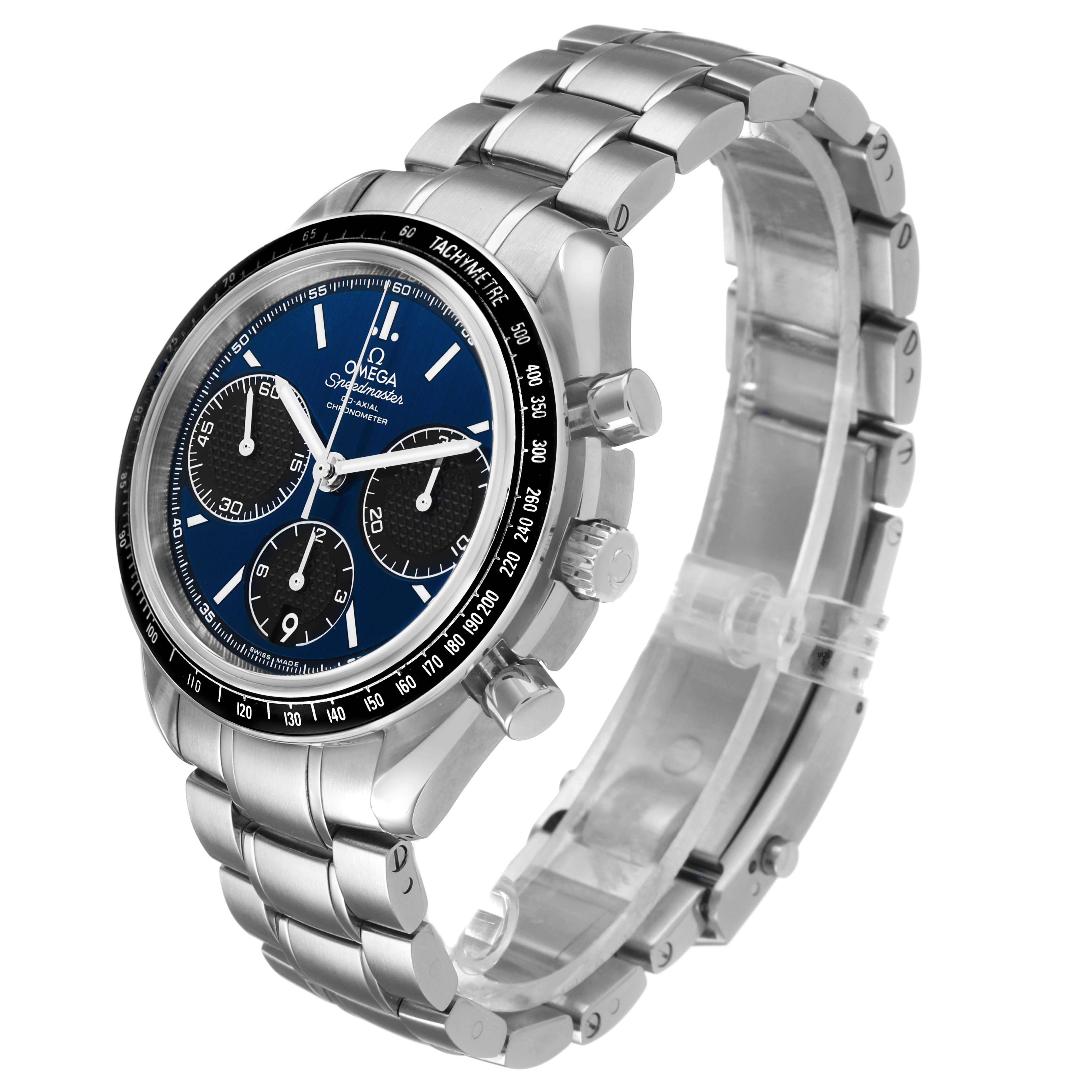 The Omega Speedmaster 326.30.40.50.03.001 Men's Stainless Steel Blue Dial watch is shown at a three-quarter angle, highlighting the face, bezel, pushers, and metal bracelet.