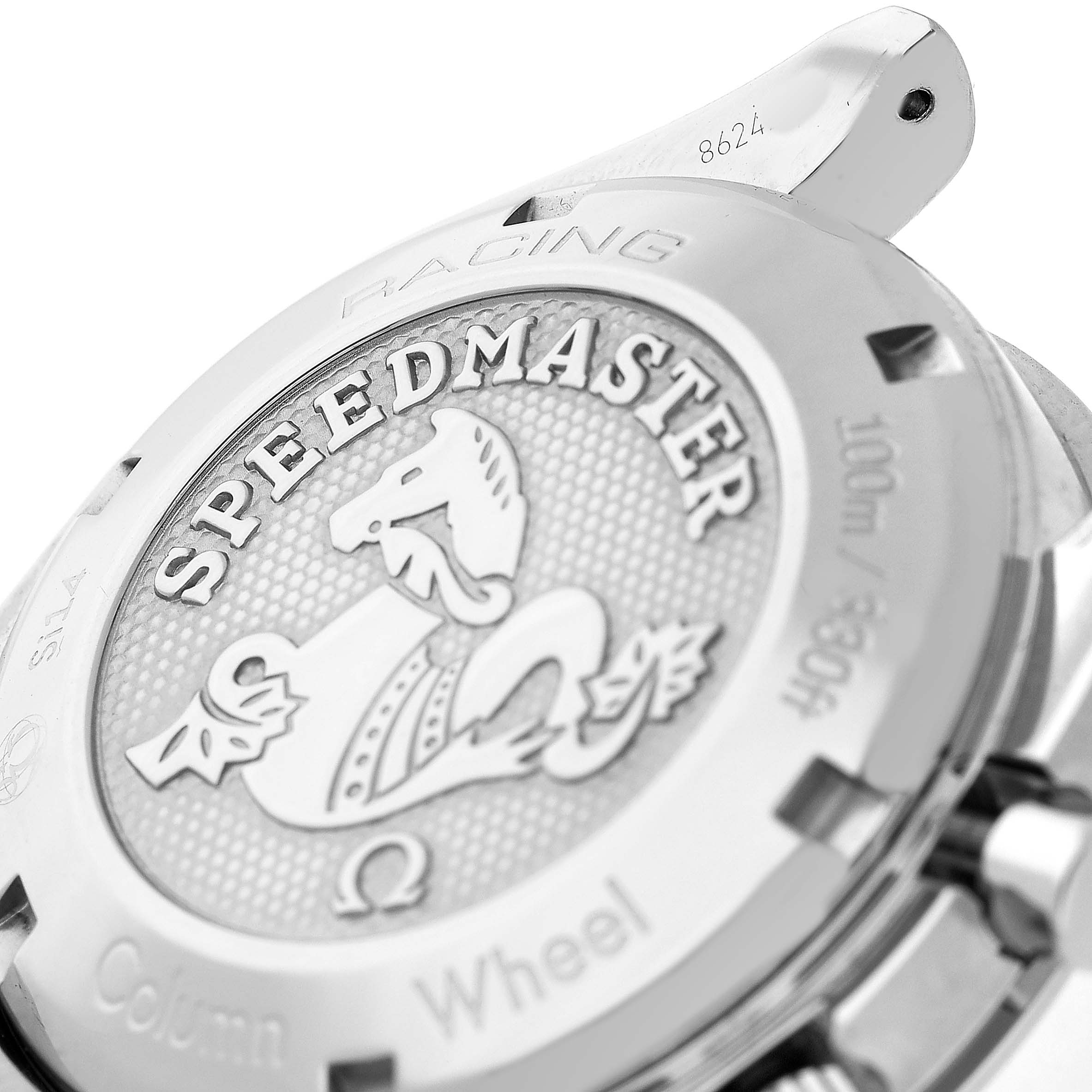 The image shows the case back of the Omega Speedmaster 326.30.40.50.03.001 Men's Stainless Steel Blue Dial, featuring engraved details and the brand logo.