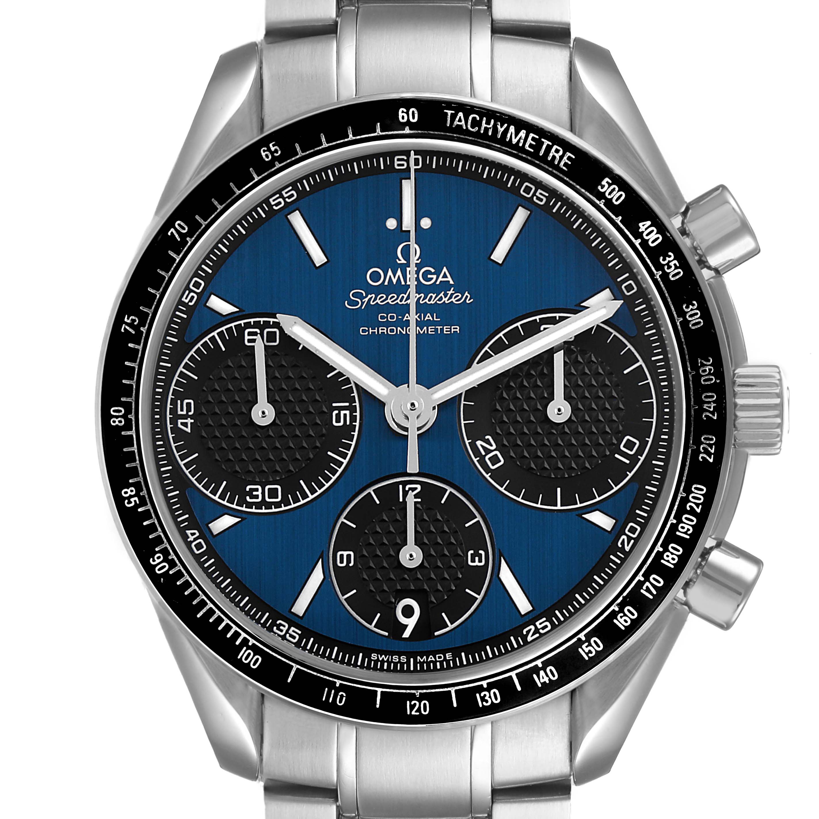 The Omega Speedmaster 326.30.40.50.03.001 Men's Stainless Steel Blue Dial watch is shown from the front, displaying the dial, subdials, tachymeter bezel, and metal bracelet.