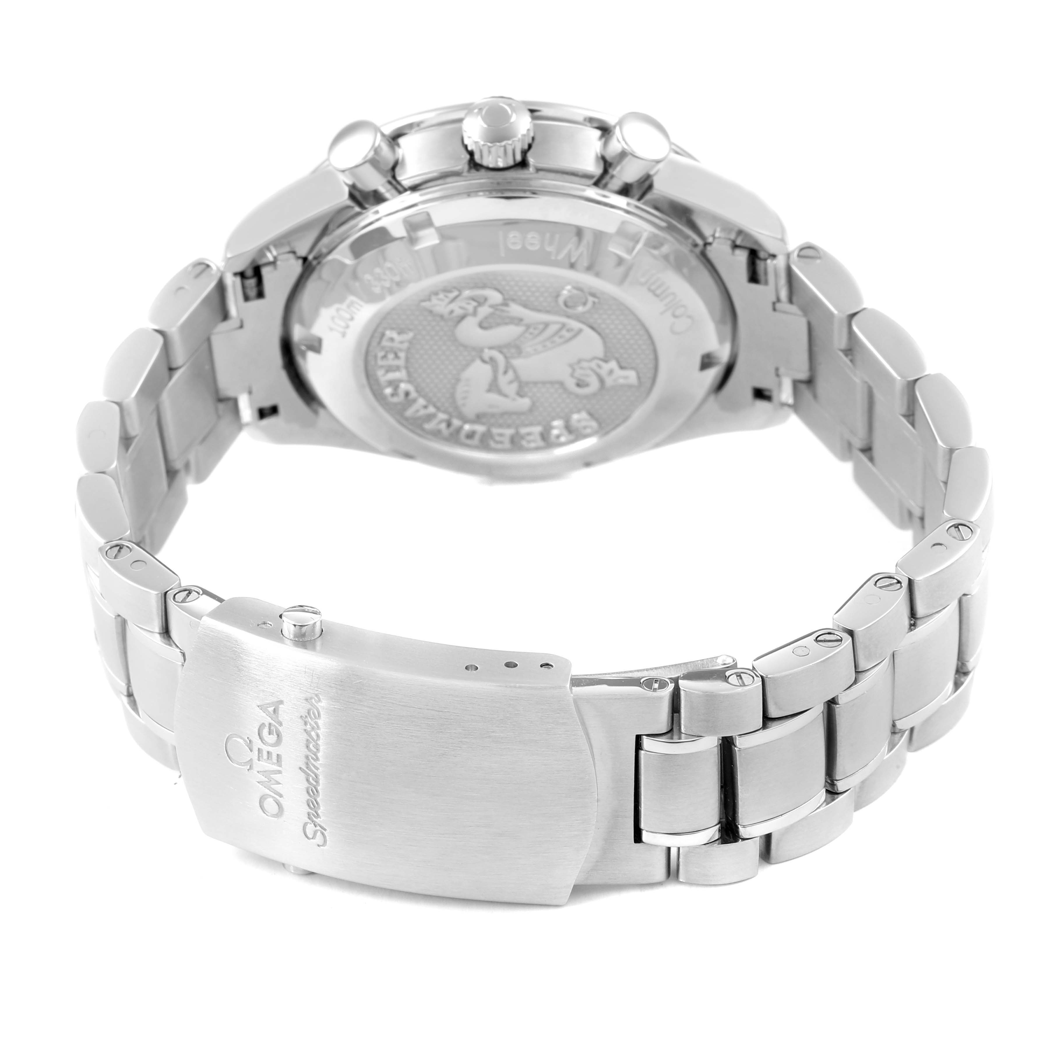 The Omega Speedmaster 326.30.40.50.03.001 Men's Stainless Steel Blue Dial watch is shown from the back, highlighting the clasp, bracelet, and engraved case back.