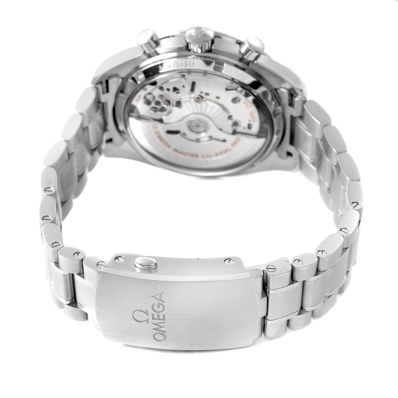 The Omega Speedmaster 329.30.44.51.04.001 Men's Stainless Steel Silver Dial watch is shown from the rear, highlighting the exhibition case back and stainless steel bracelet clasp.