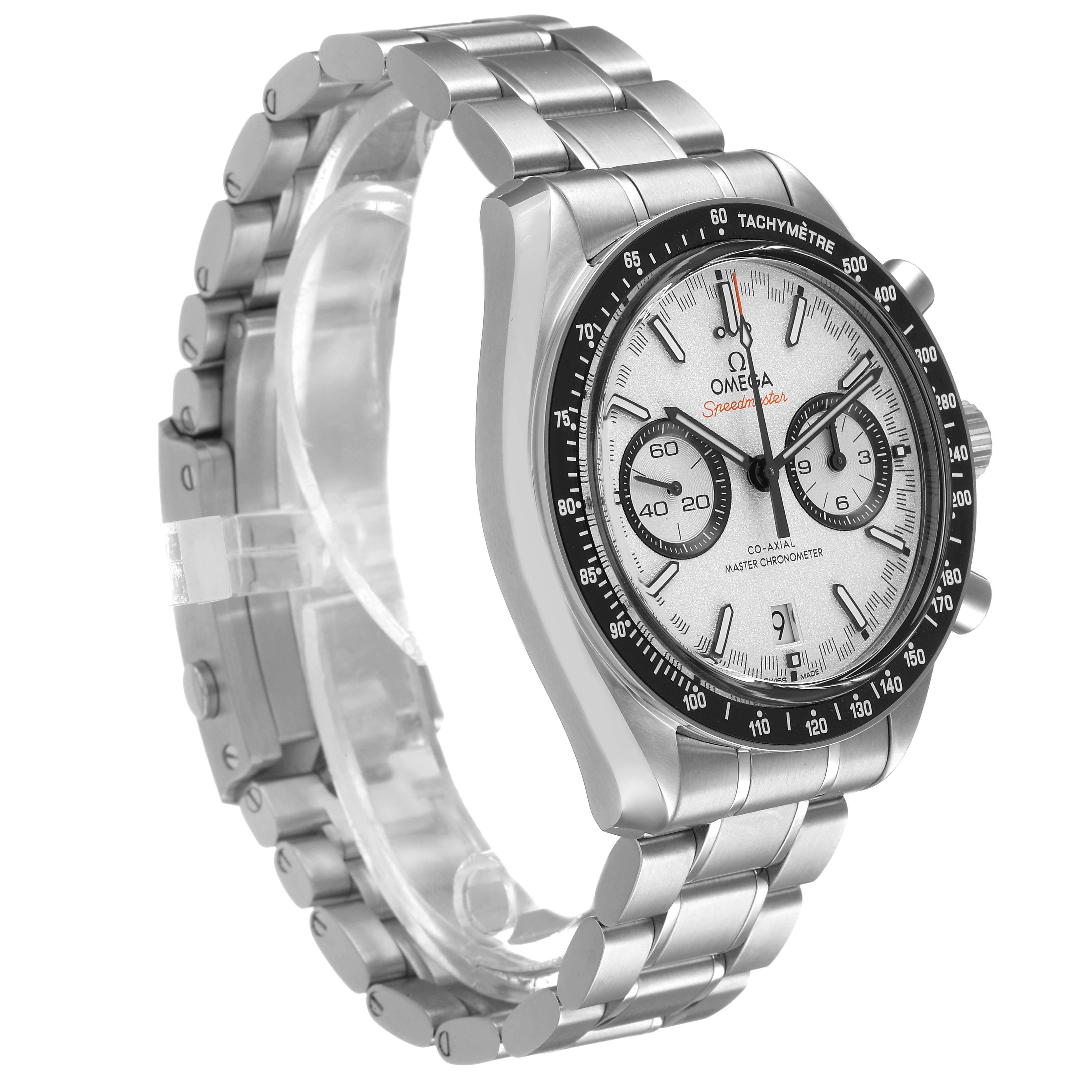 The Omega Speedmaster 329.30.44.51.04.001 Men's Stainless Steel Silver Dial watch is shown at a slight angle, highlighting the dial, bezel, and bracelet.