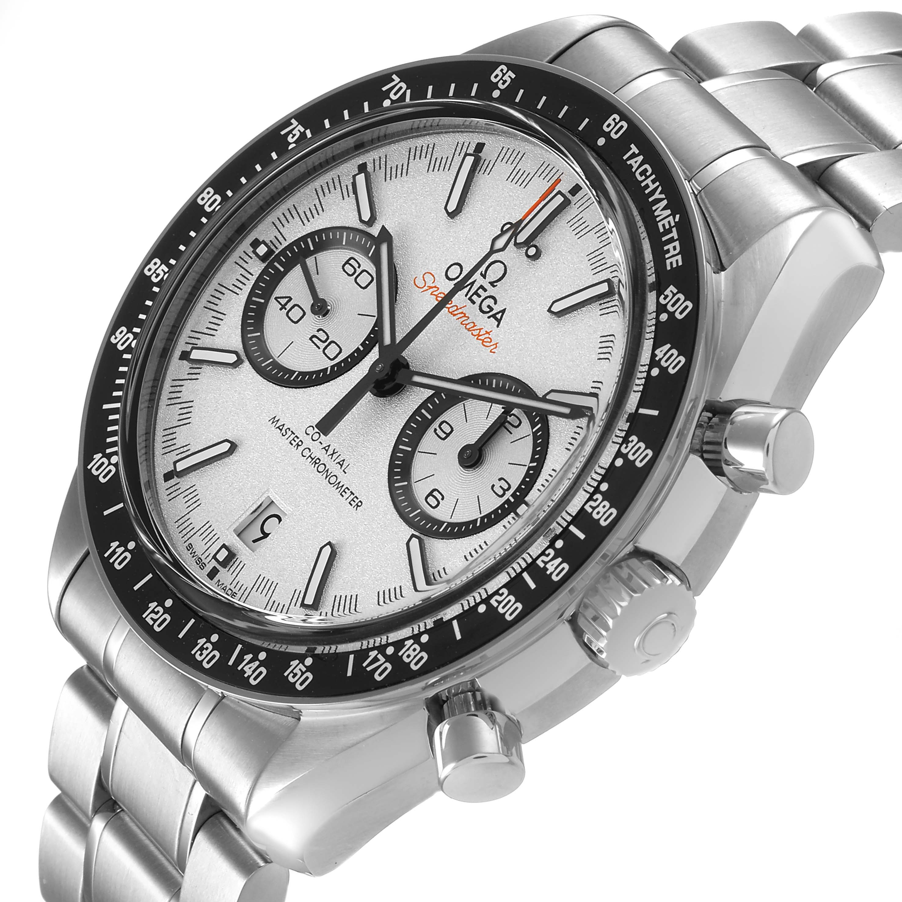 The Omega Speedmaster 329.30.44.51.04.001 Men's Stainless Steel Silver Dial watch is shown at an angled side view, displaying the dial, bezel, crown, pushers, and bracelet.