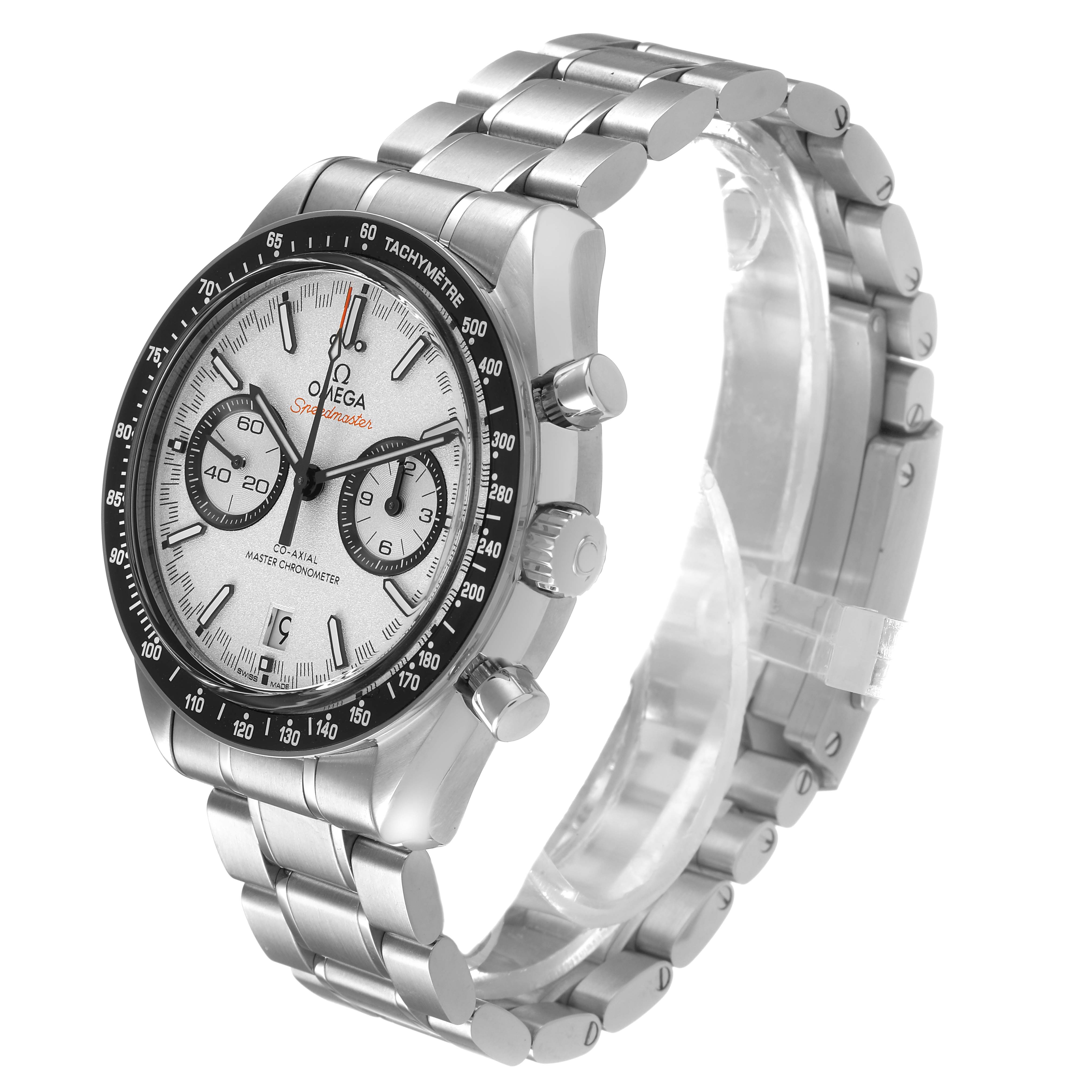 The Omega Speedmaster 329.30.44.51.04.001 Men's Stainless Steel Silver Dial is shown at a three-quarter angle, displaying the face, bezel, and stainless steel bracelet.