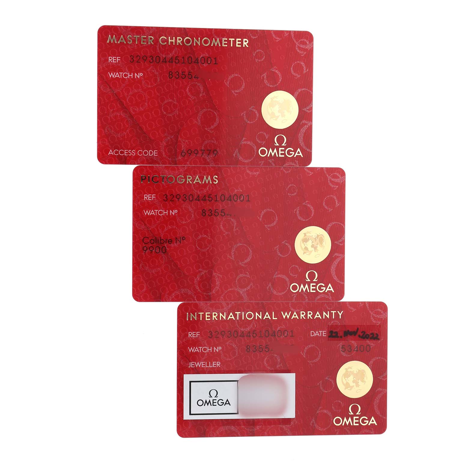 The image shows three Omega Speedmaster 329.30.44.51.04.001 Men's Stainless Steel Silver Dial cards: Master Chronometer, Pictograms, and International Warranty.