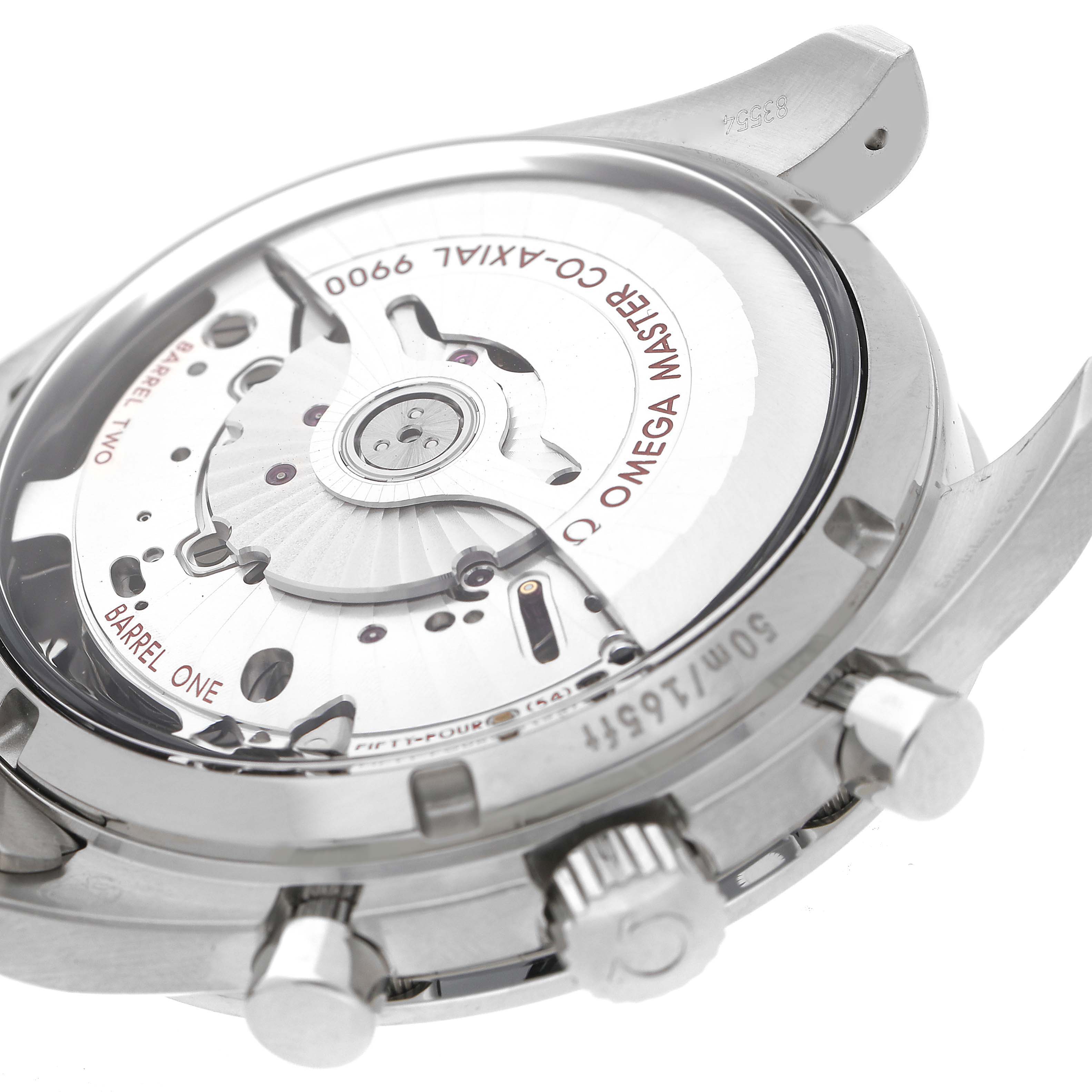 The image shows the back view of the Omega Speedmaster 329.30.44.51.04.001 Men's Stainless Steel Silver Dial, highlighting the movement and case details.