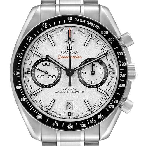The Omega Speedmaster 329.30.44.51.04.001 Men's Stainless Steel Silver Dial watch is shown from the front, highlighting the dial, tachymeter bezel, and pushers.
