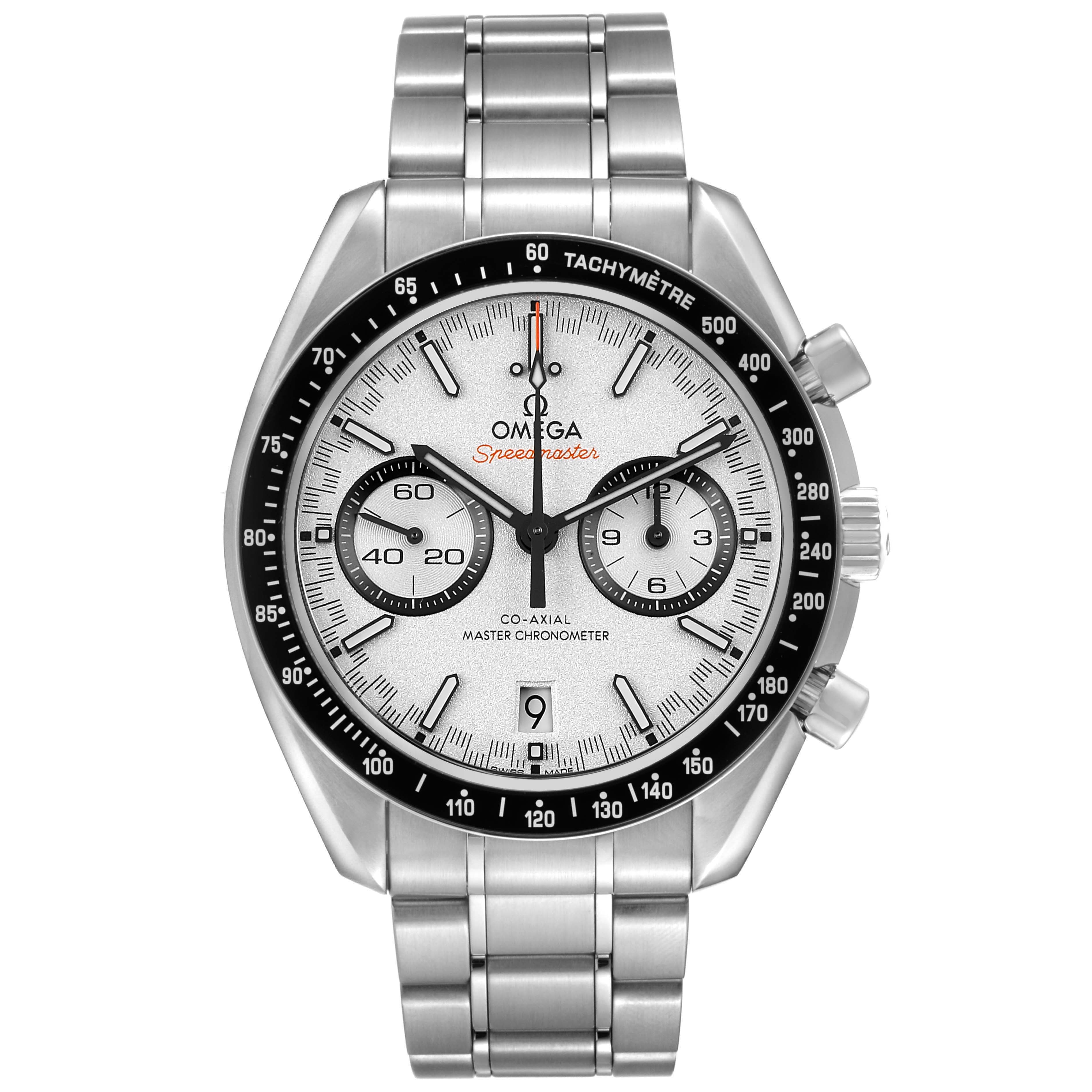 The Omega Speedmaster 329.30.44.51.04.001 Men's Stainless Steel Silver Dial watch is shown from the front, highlighting the dial, subdials, tachymeter bezel, and stainless steel bracelet.