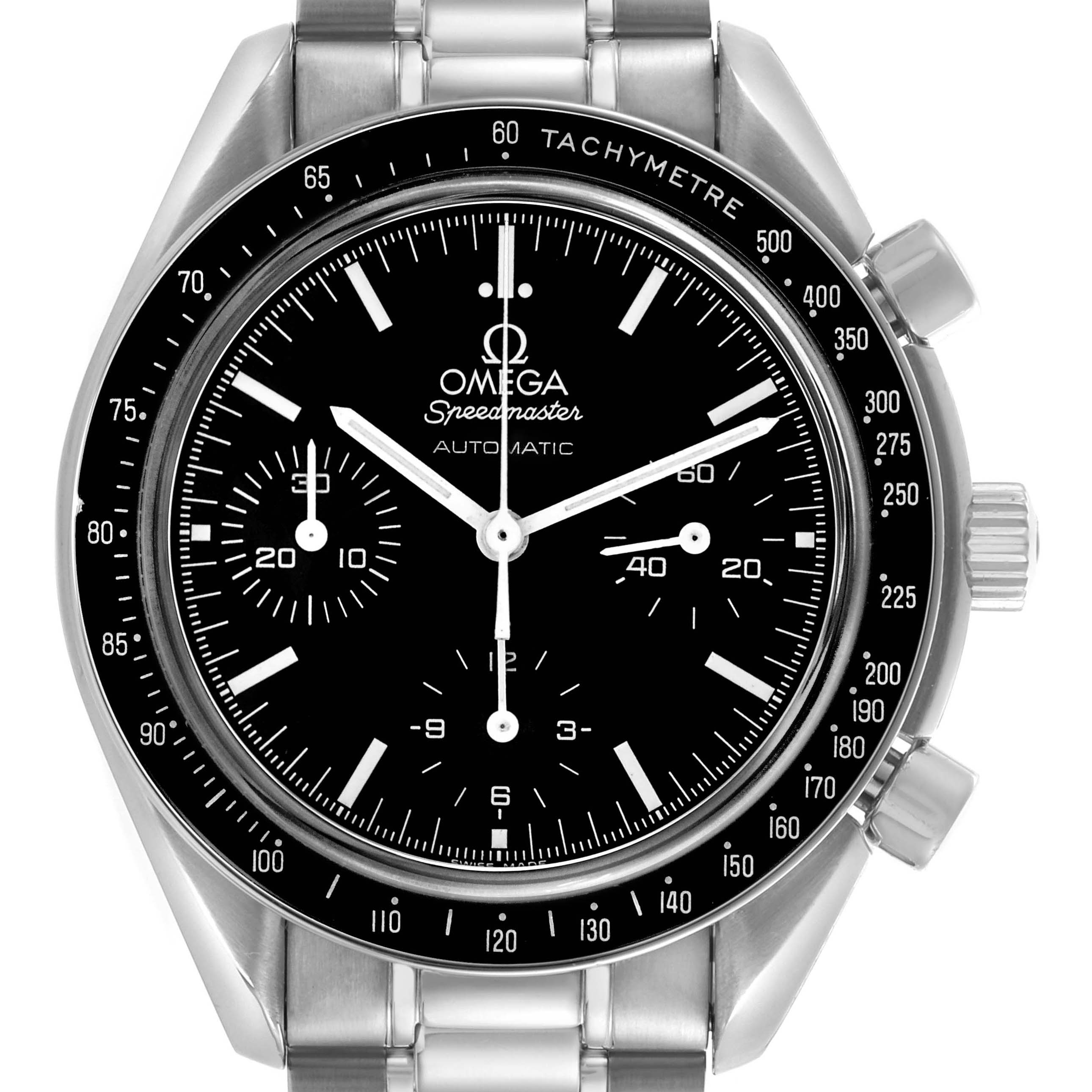 The Omega Speedmaster 3539.50.00 Men
s Stainless Steel Black Dial 3539.50.00 Men
s Stainless Steel Black Dial watch is shown from a front angle, featuring its dial, tachymetric bezel, and pushers.