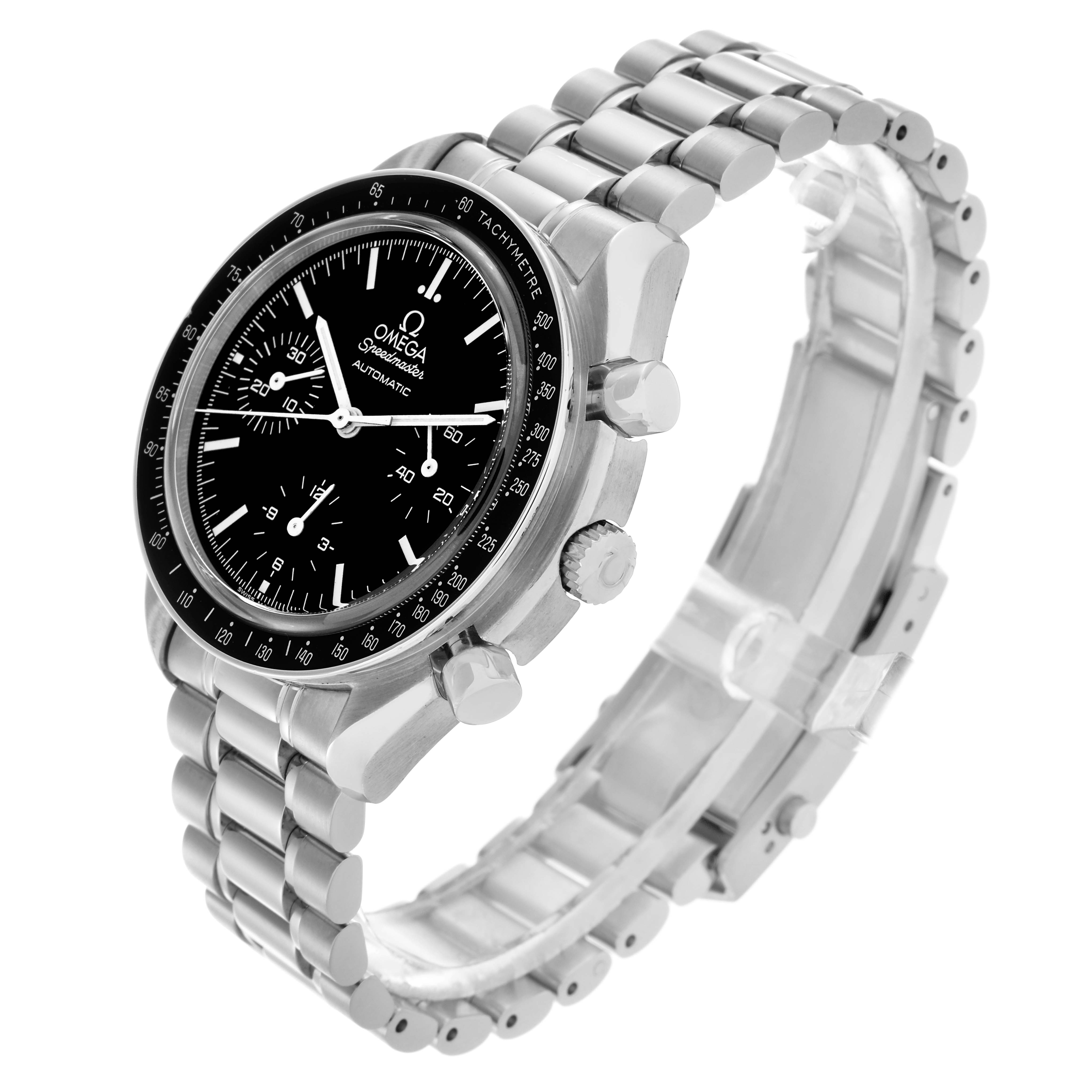 The Omega Speedmaster 3539.50.00 Men
s Stainless Steel Black Dial 3539.50.00 Men
s Stainless Steel Black Dial watch is shown at a three-quarter angle, highlighting the face, bezel, crown, pushers, and bracelet.