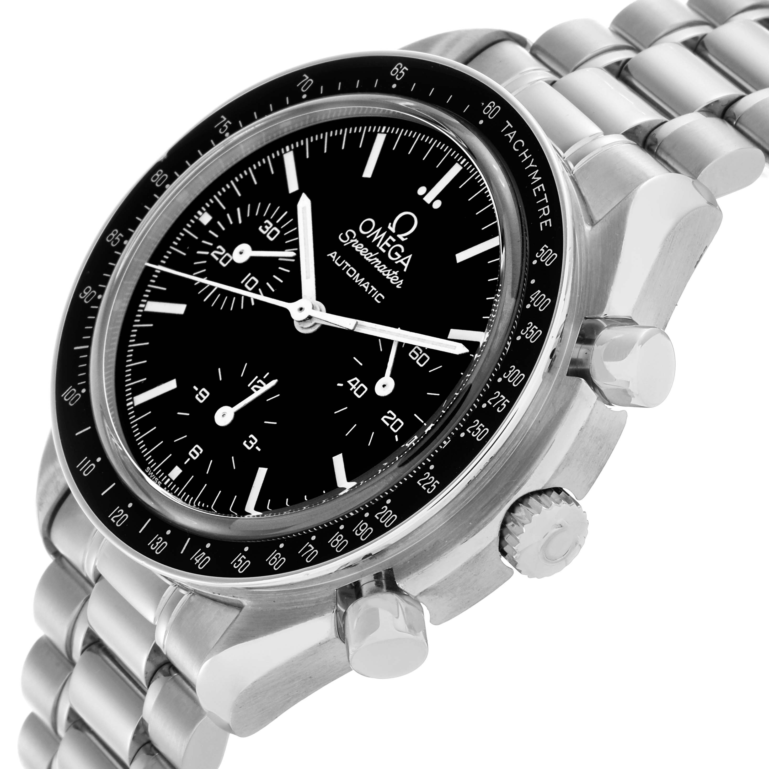 The Omega Speedmaster 3539.50.00 Men
s Stainless Steel Black Dial 3539.50.00 Men
s Stainless Steel Black Dial watch is shown at an angled view, highlighting the dial, bezel, pushers, and bracelet.