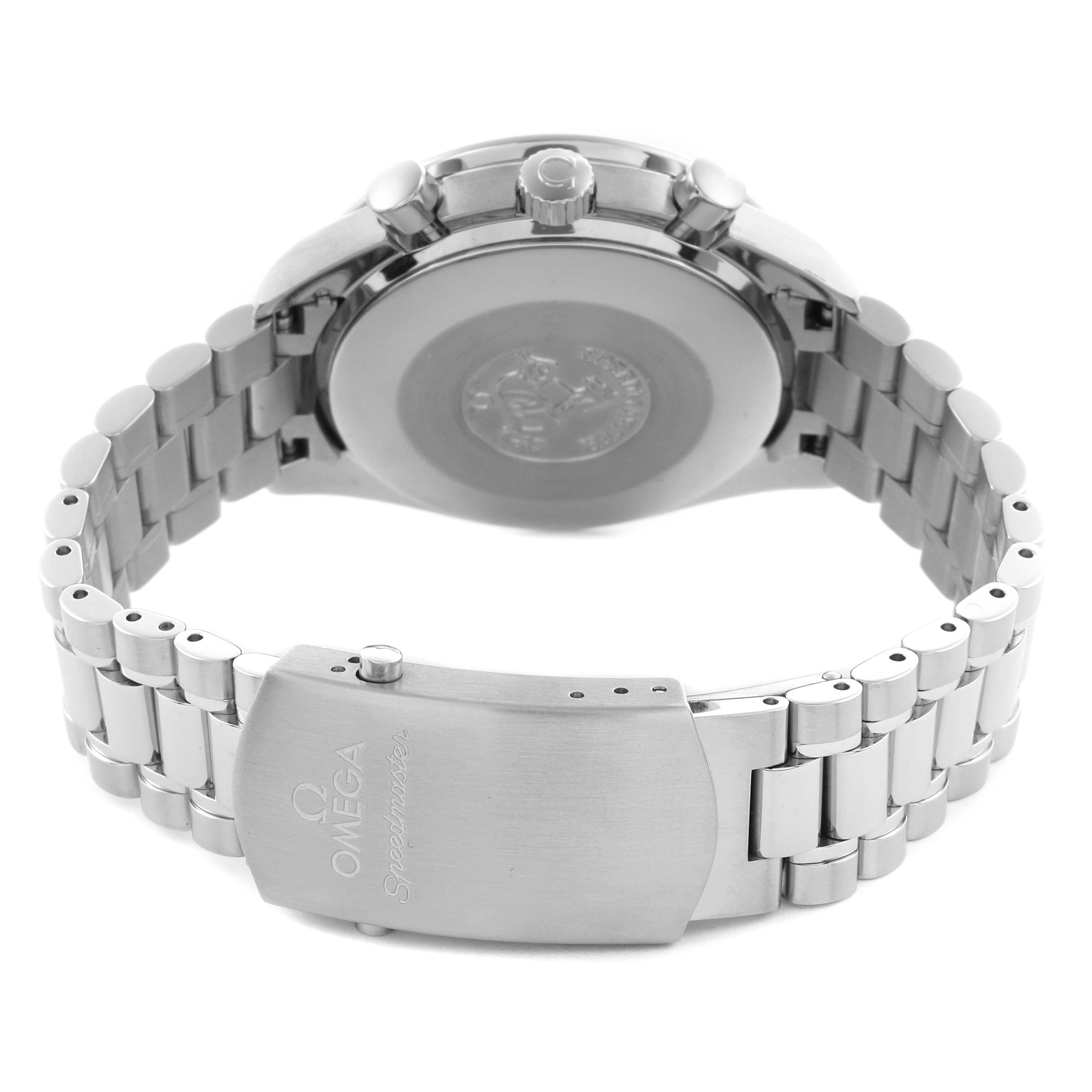 The Omega Speedmaster 3539.50.00 Men
s Stainless Steel Black Dial 3539.50.00 Men
s Stainless Steel Black Dial watch is shown from the back, highlighting the case back, bracelet, and clasp.