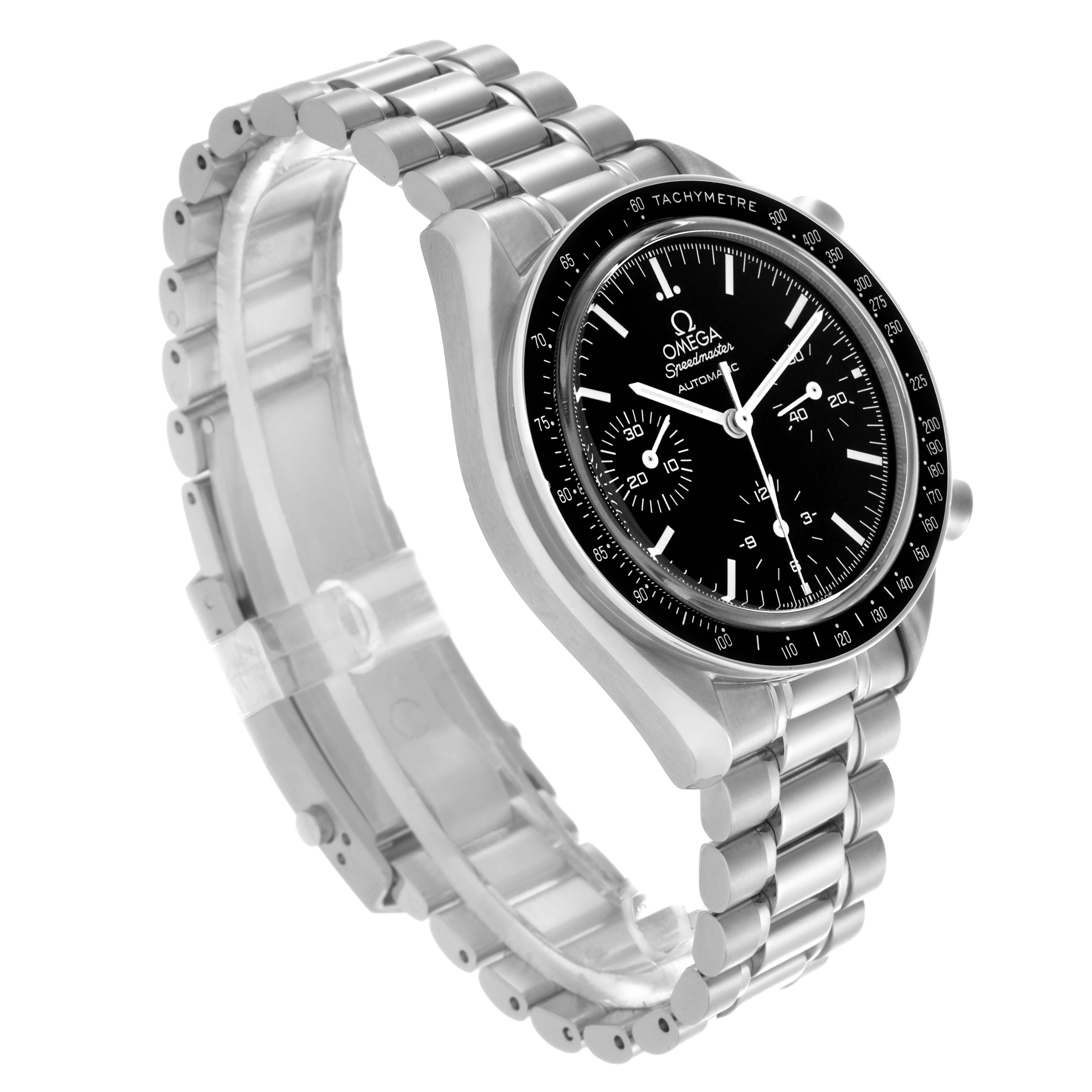 The Omega Speedmaster 3539.50.00 Men
s Stainless Steel Black Dial 3539.50.00 Men
s Stainless Steel Black Dial watch is shown at a three-quarter angle, highlighting the face, bracelet, and tachymeter bezel.