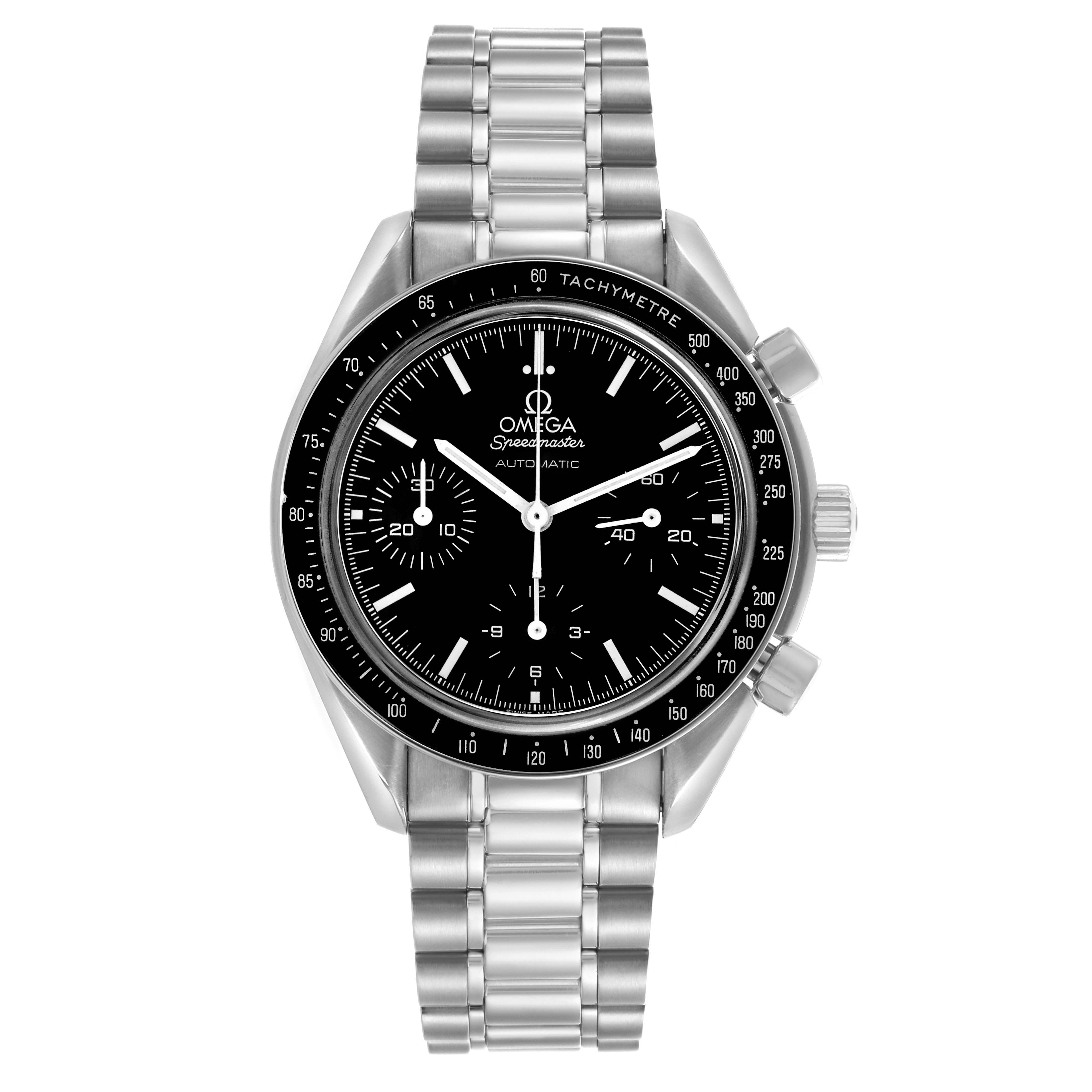 The Omega Speedmaster 3539.50.00 Men
s Stainless Steel Black Dial 3539.50.00 Men
s Stainless Steel Black Dial watch is shown from a front angle, displaying the dial, bezel, and bracelet.
