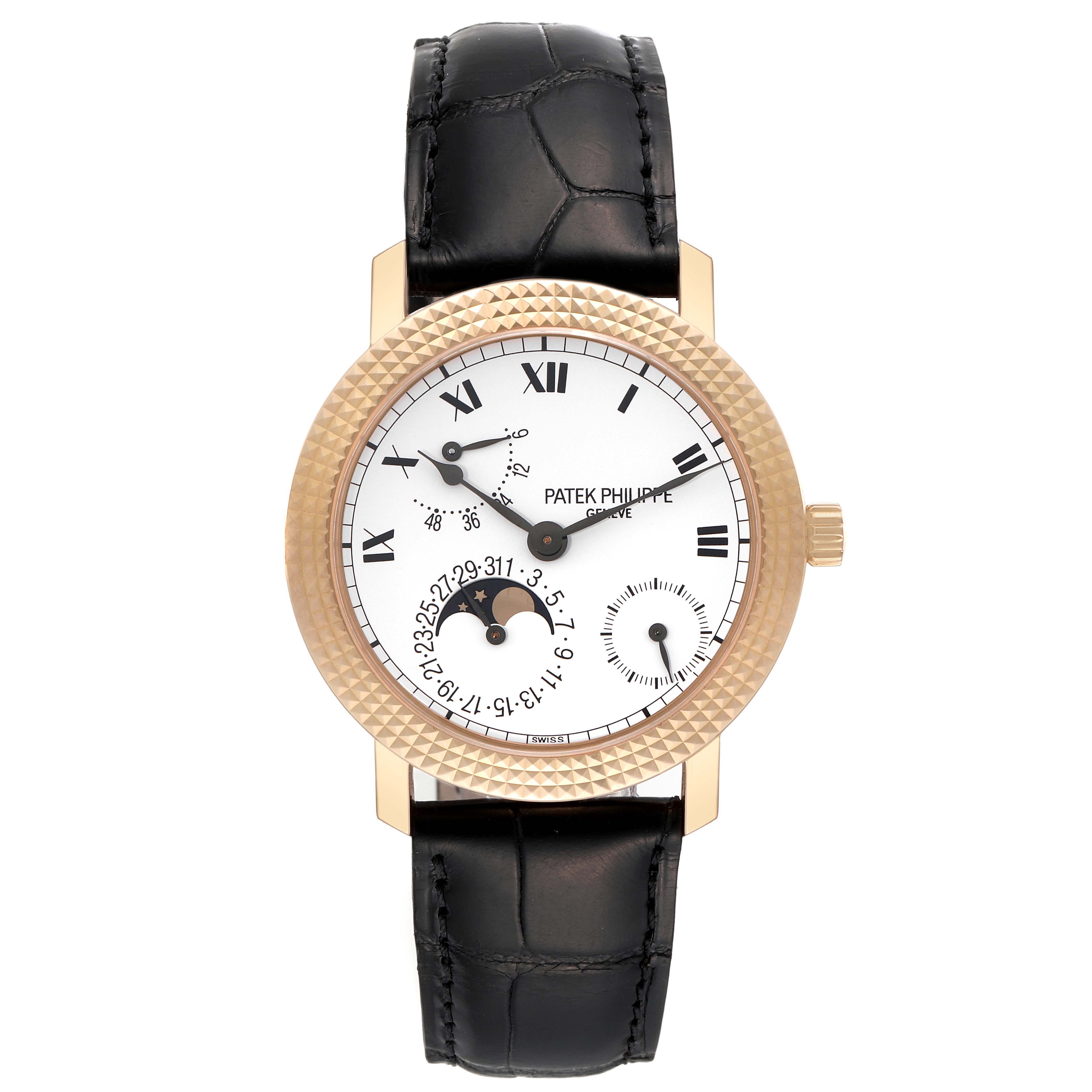 The image shows a Patek Philippe Calatrava 5057R Men's Rose Gold White Dial 5057R Men's Rose Gold White Dial watch from a front angle, displaying the face, bezel, crown, and black leather strap.
