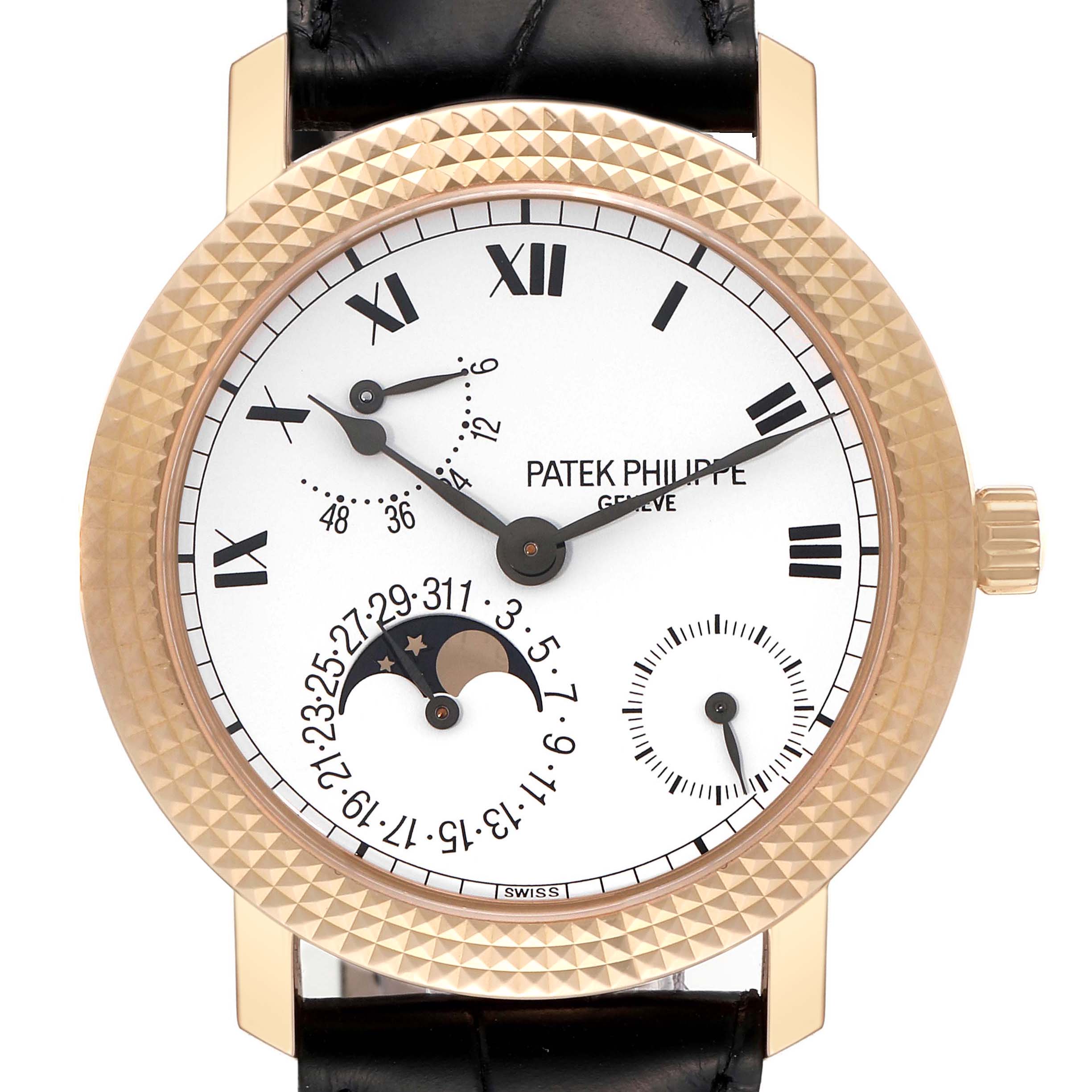 The image shows a front view of the Patek Philippe Calatrava 5057R Men's Rose Gold White Dial 5057R Men's Rose Gold White Dial watch, highlighting its face, moon phase, and leather strap.