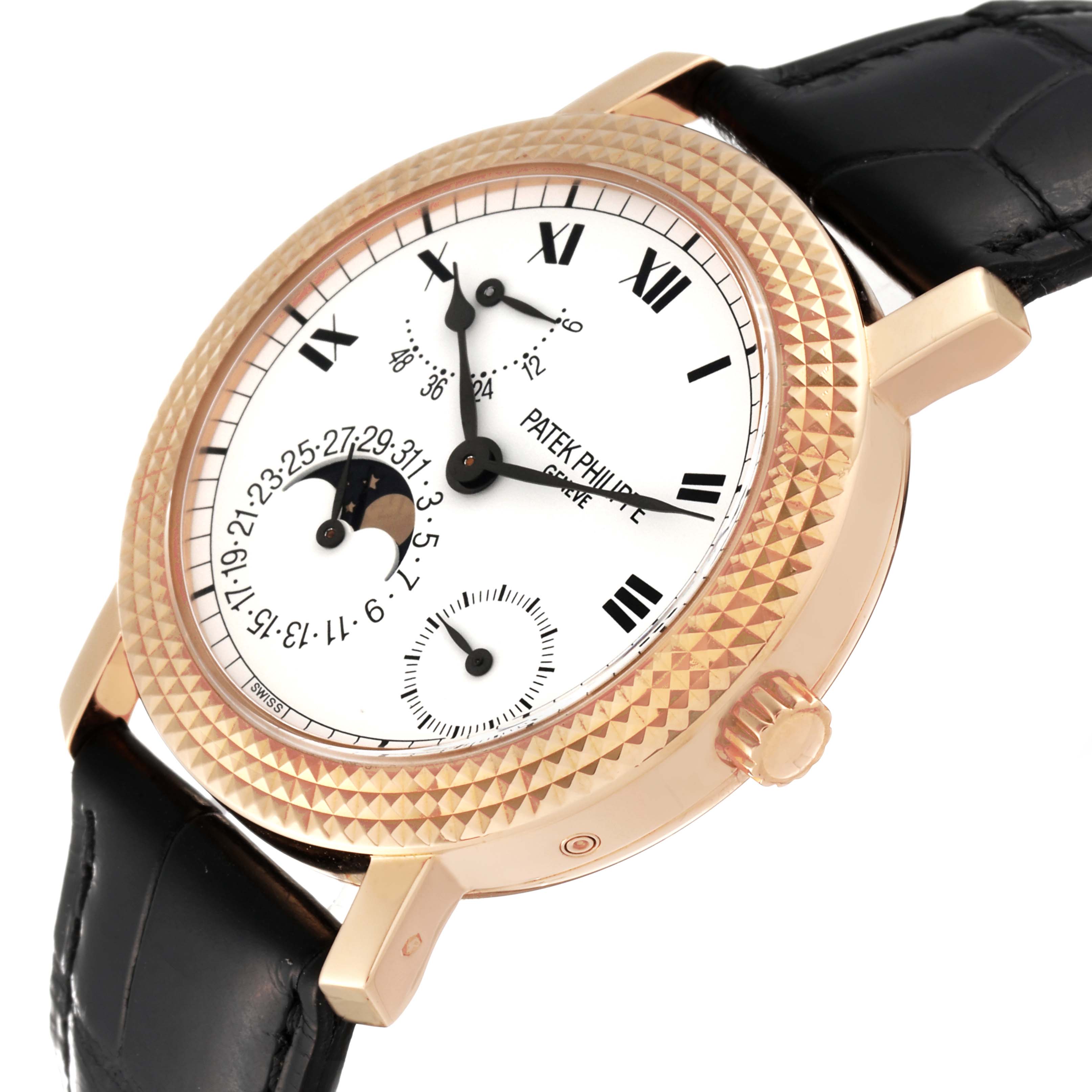 The Patek Philippe Calatrava 5057R Men's Rose Gold White Dial 5057R Men's Rose Gold White Dial watch is shown at an angled view featuring the dial, bezel, and some of the strap.