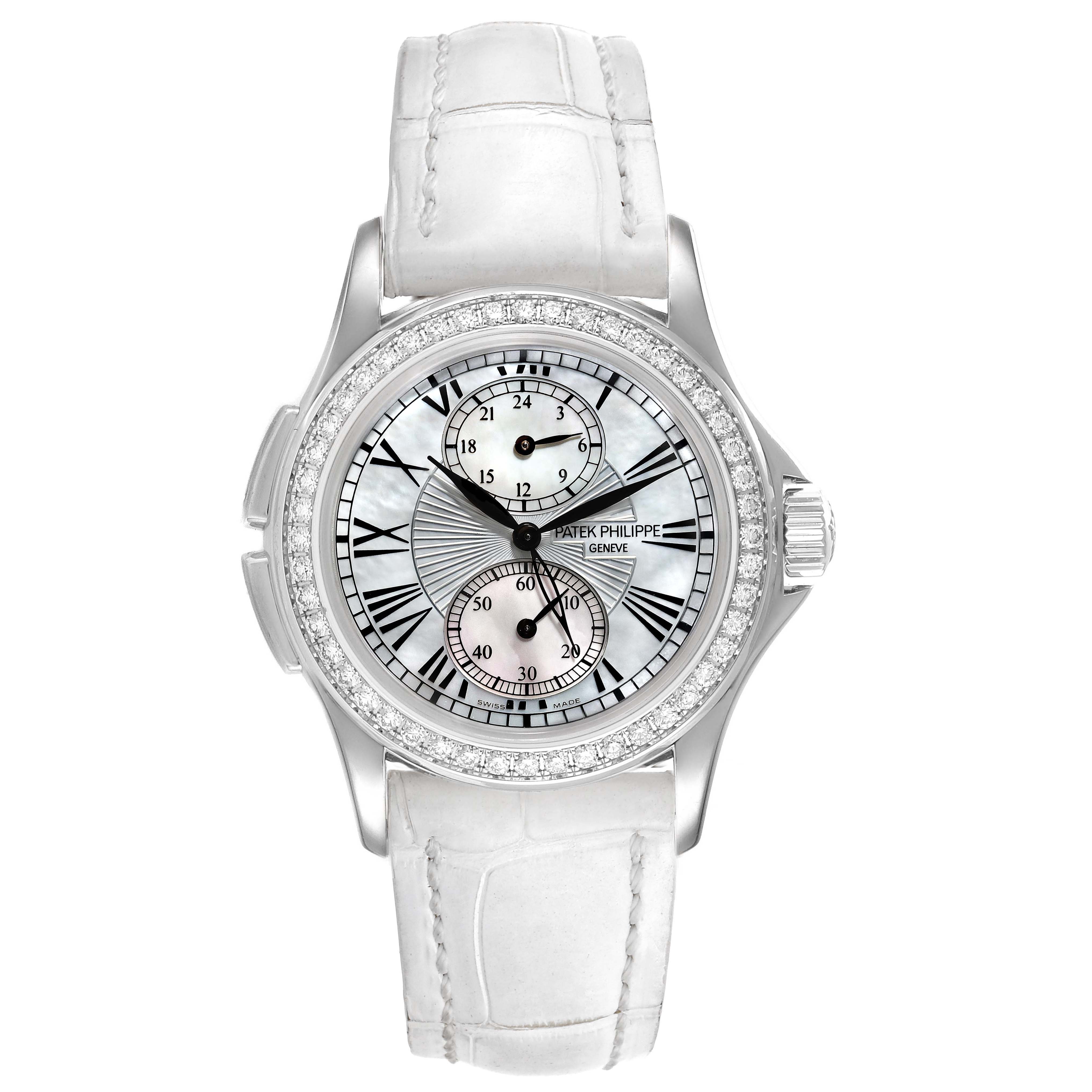 This is a front view of the Patek Philippe Calatrava 4934G Women
s White Gold Mother of Pearl Dial 4934G Women
s White Gold Mother of Pearl Dial watch, showcasing the dial, bezel, and strap.