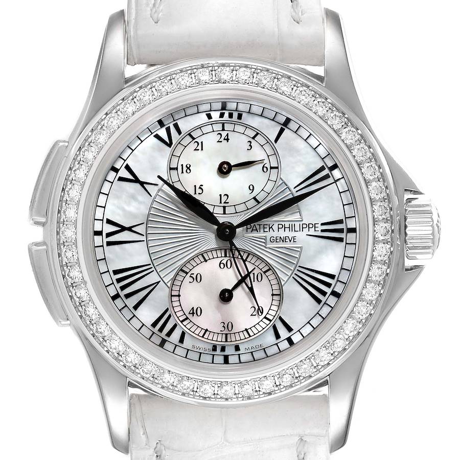 Patek Philippe Calatrava Travel Time White Gold MOP Diamond Watch 4934 Papers SwissWatchExpo