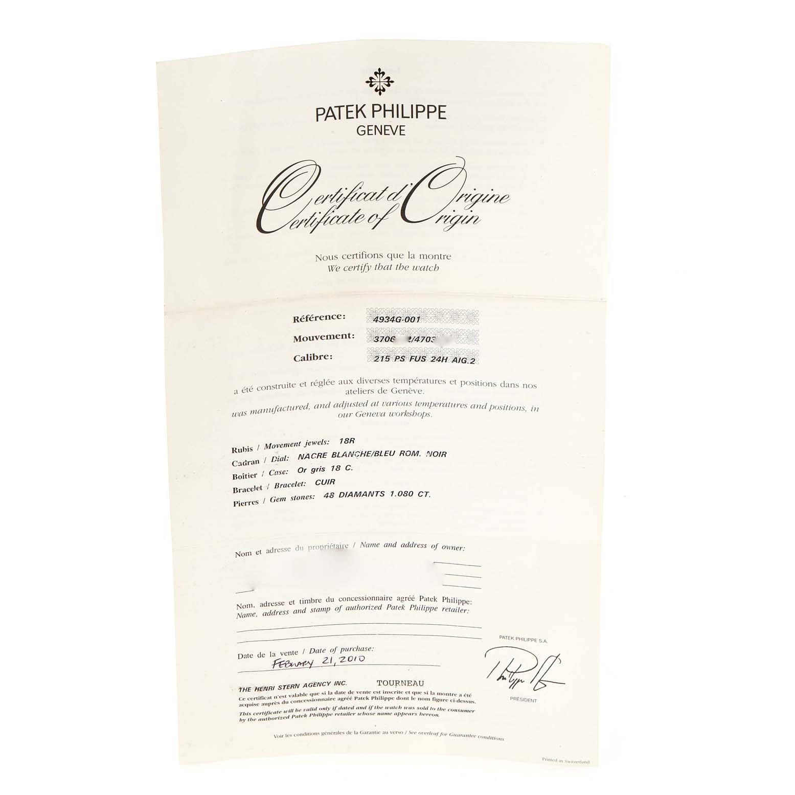 The image shows a Certificate of Origin for a Patek Philippe Calatrava 4934G Women
s White Gold Mother of Pearl Dial 4934G Women
s White Gold Mother of Pearl Dial model watch.