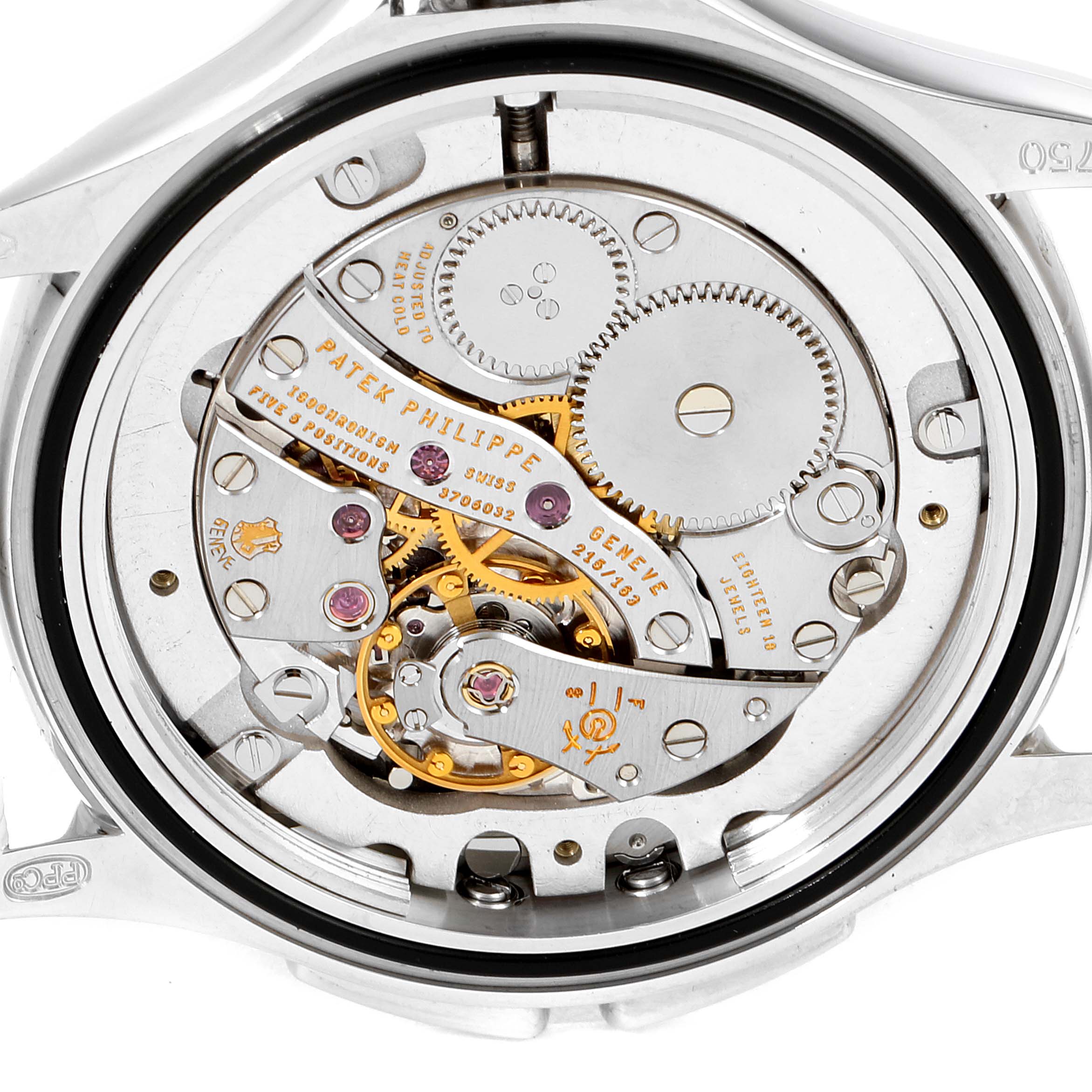 The image shows the internal movement mechanism of a Patek Philippe Calatrava 4934G Women
s White Gold Mother of Pearl Dial 4934G Women
s White Gold Mother of Pearl Dial watch from a back angle.