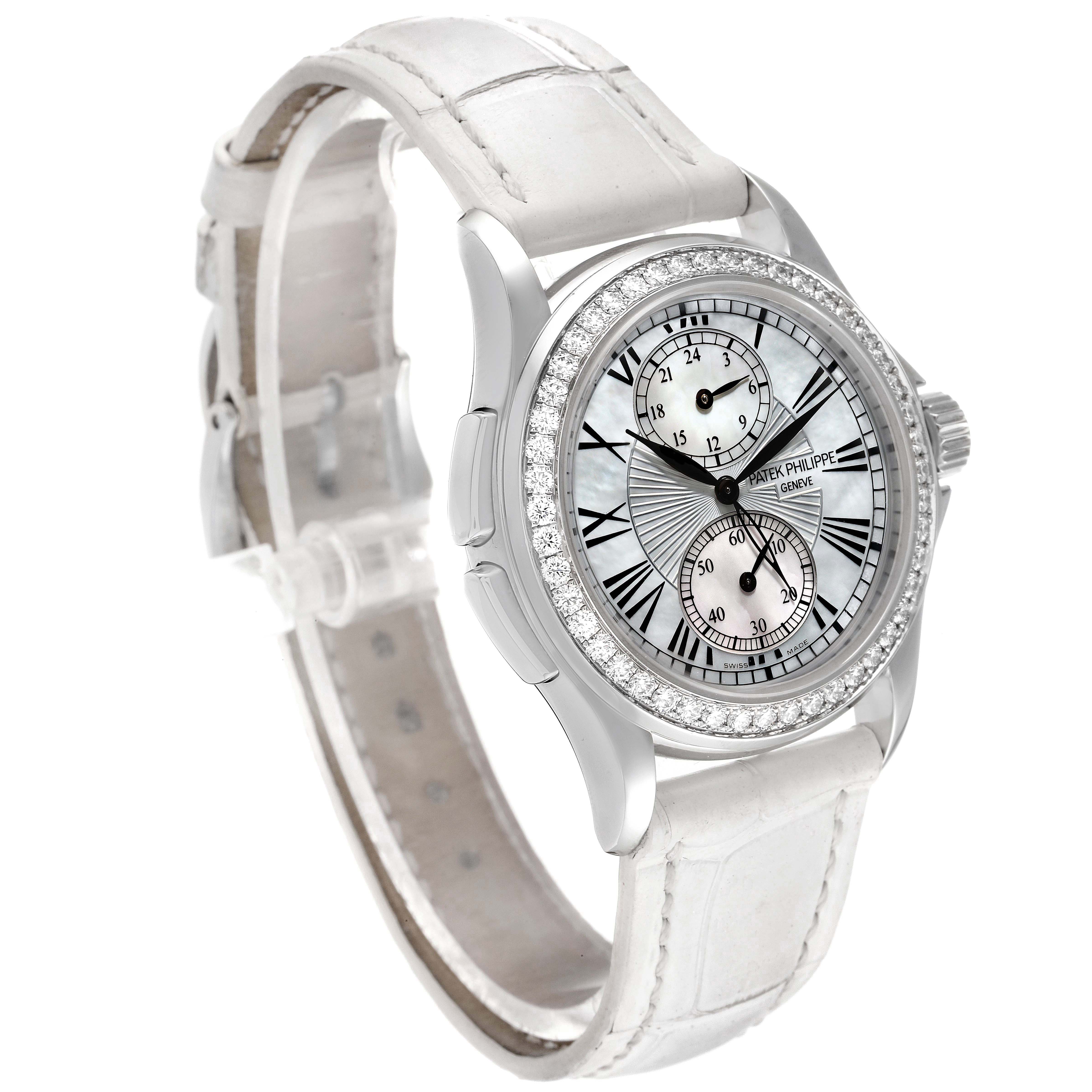 This Patek Philippe Calatrava 4934G Women
s White Gold Mother of Pearl Dial 4934G Women
s White Gold Mother of Pearl Dial watch is shown at a front angle displaying its dial, bezel, case, and part of the strap.