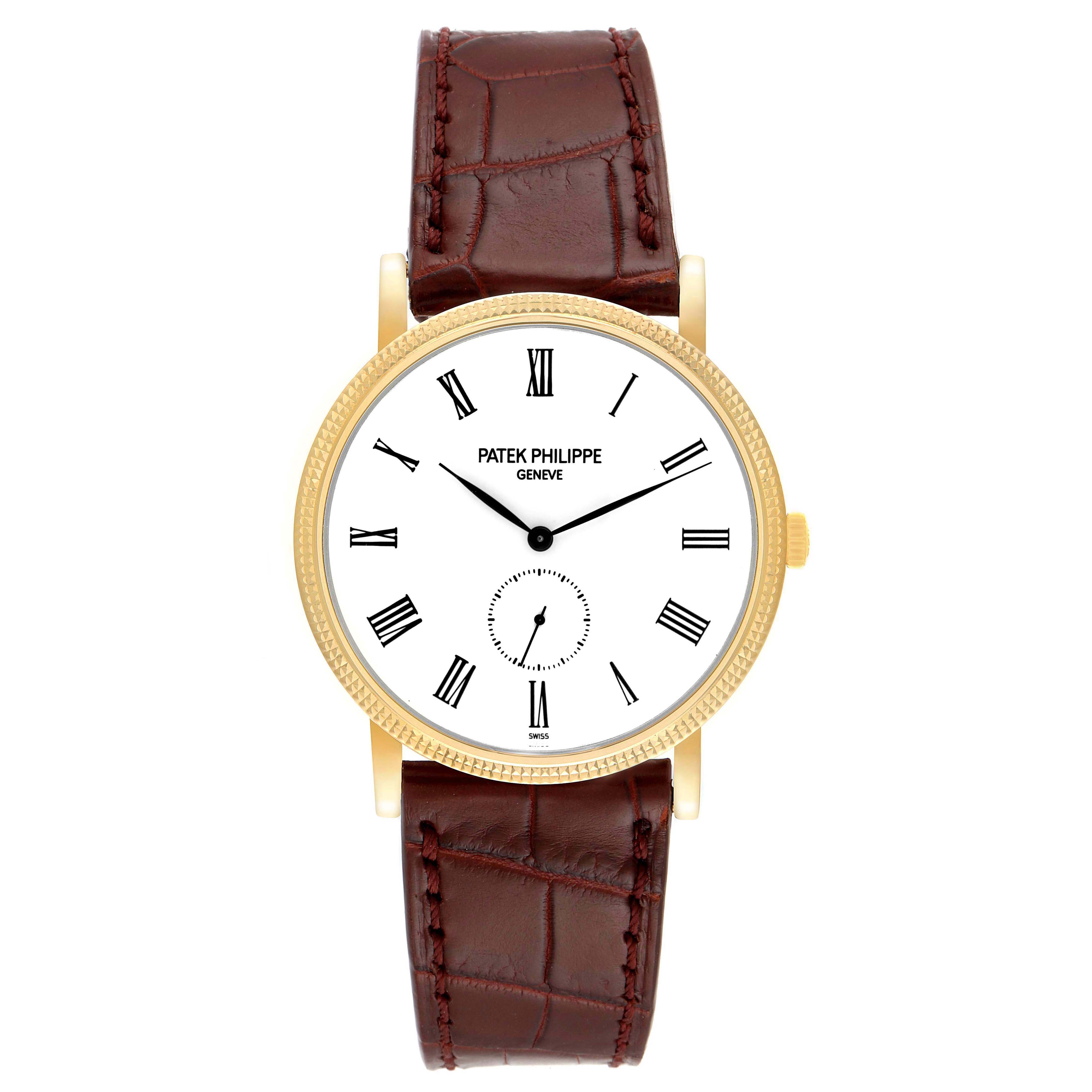 The image shows a frontal view of a Patek Philippe Calatrava 5119J Men's Yellow Gold White Dial 5119J Men's Yellow Gold White Dial watch with a brown leather strap and Roman numeral markers.