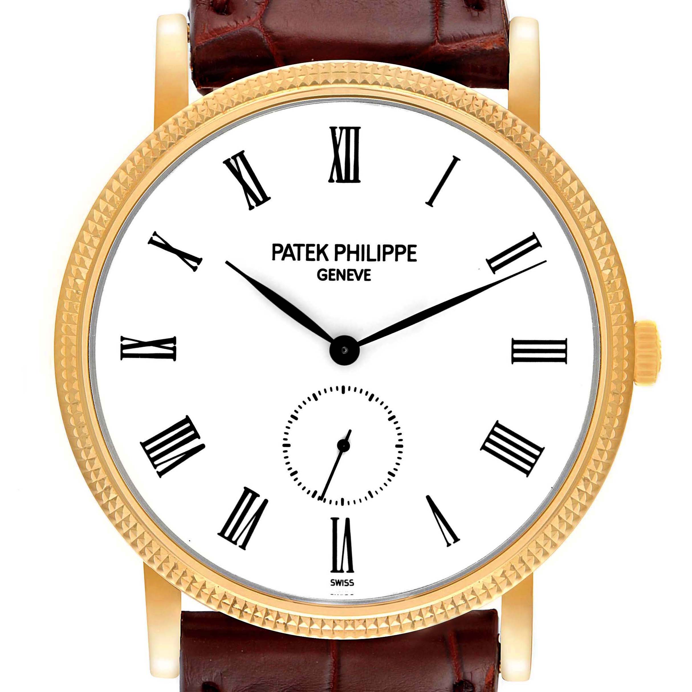 The image shows a front view of the Patek Philippe Calatrava 5119J Men's Yellow Gold White Dial 5119J Men's Yellow Gold White Dial watch, highlighting its face, bezel, and strap connection.