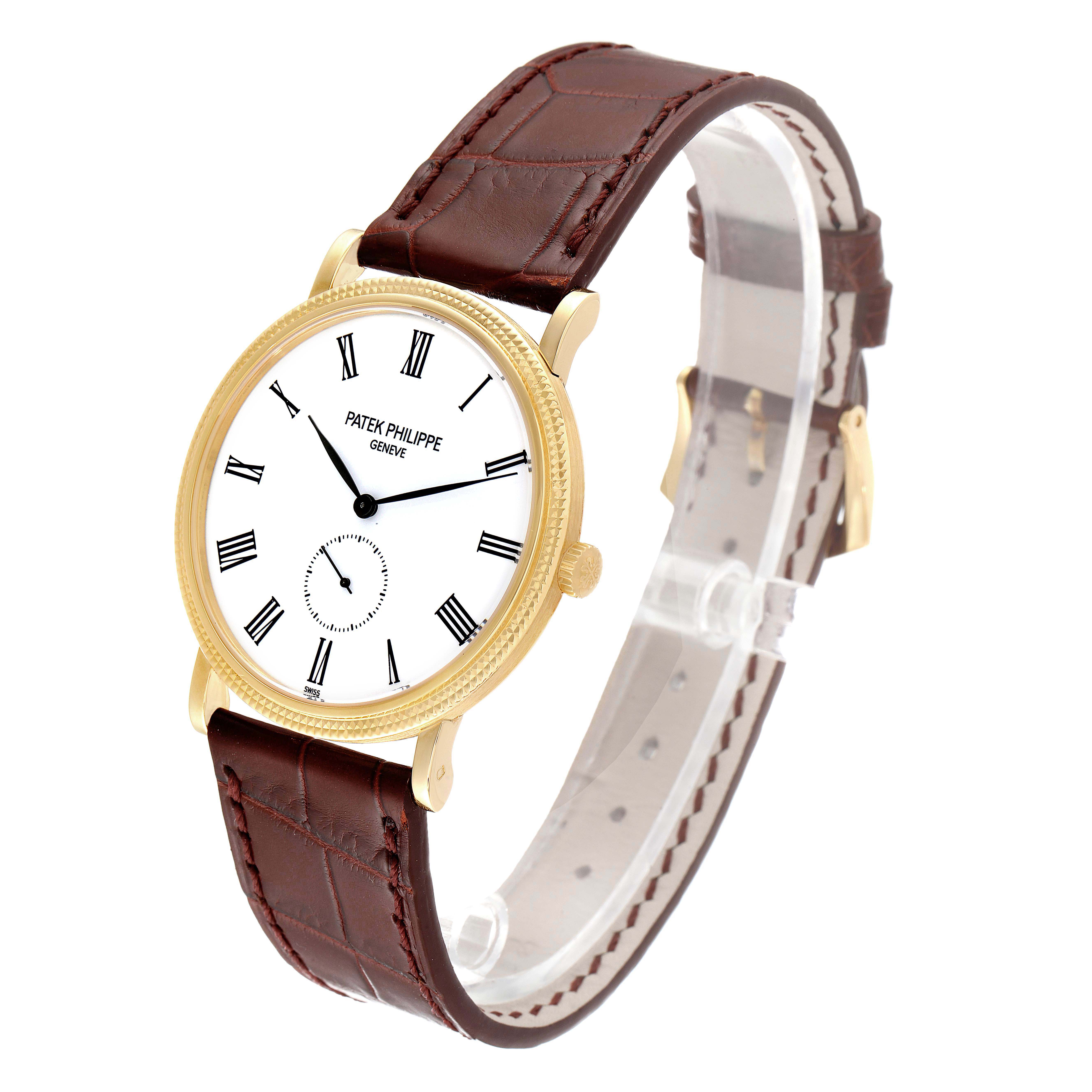 The image shows a side angle view of the Patek Philippe Calatrava 5119J Men's Yellow Gold White Dial 5119J Men's Yellow Gold White Dial watch highlighting its gold case, white dial, and brown leather strap.
