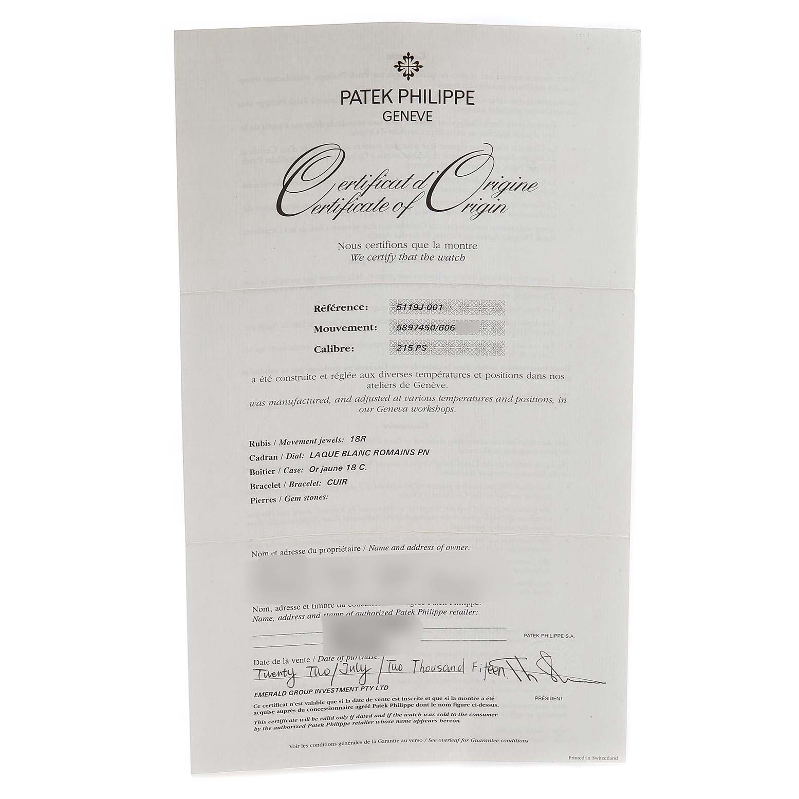 The image shows a Certificate of Origin for the Patek Philippe Calatrava 5119J Men's Yellow Gold White Dial 5119J Men's Yellow Gold White Dial watch model, including details like reference, movement, and caliber.
