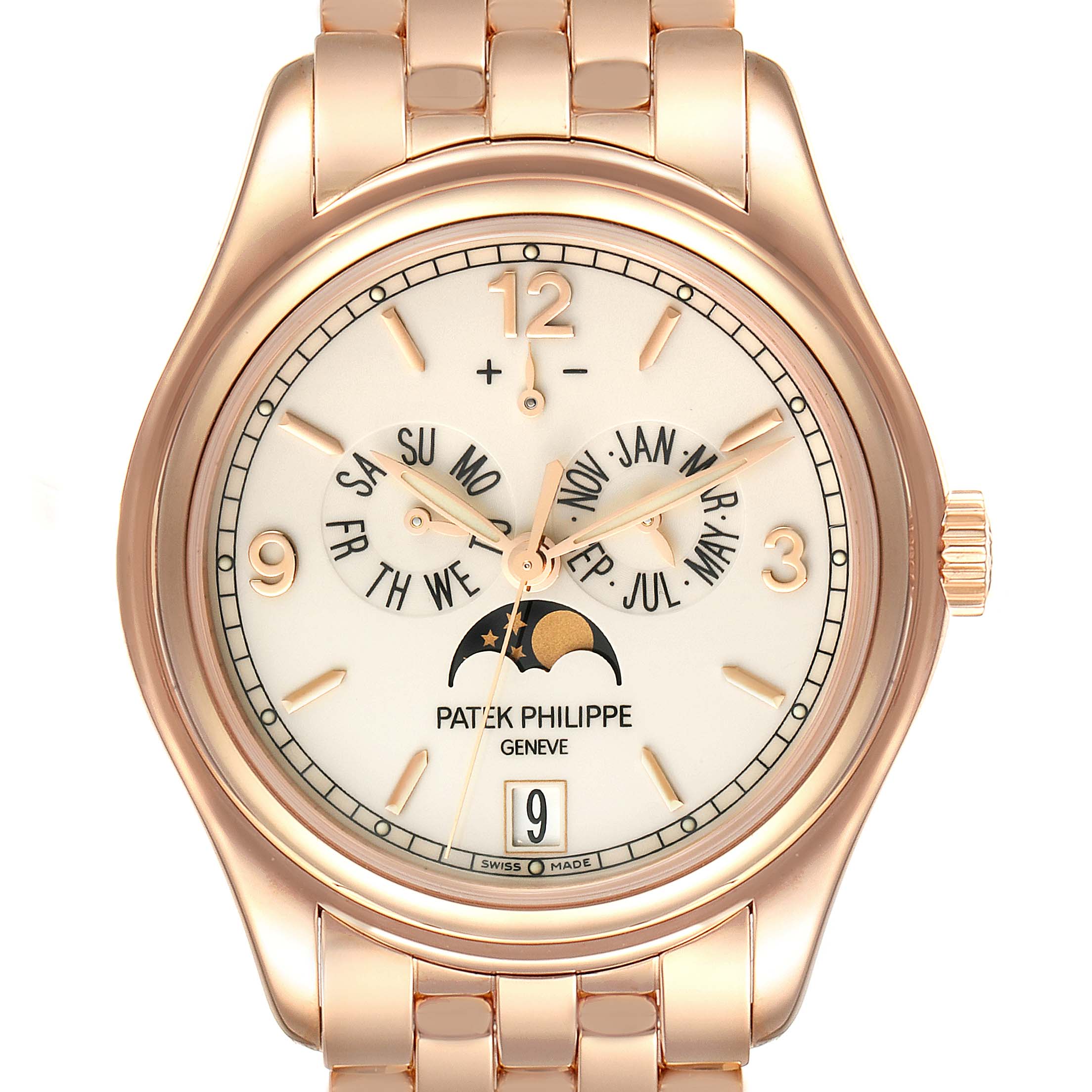 The image shows a front view of the Patek Philippe 5146R Men's Rose Gold Beige Dial 5146R Men's Rose Gold Beige Dial Complicated Annual Calendar Rose Gold Watch 5146, highlighting the face and bracelet.