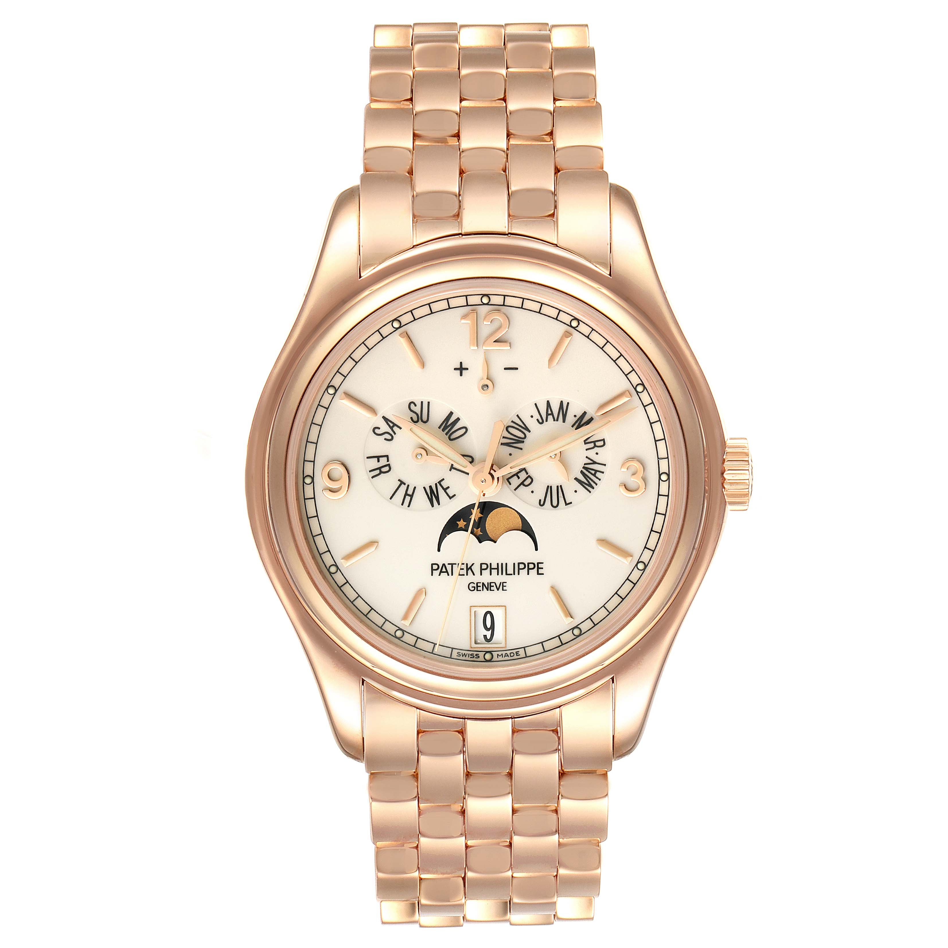 This image shows the front view of the Patek Philippe 5146R Men's Rose Gold Beige Dial 5146R Men's Rose Gold Beige Dial Complicated Annual Calendar Rose Gold Watch 5146 Box Papers model.