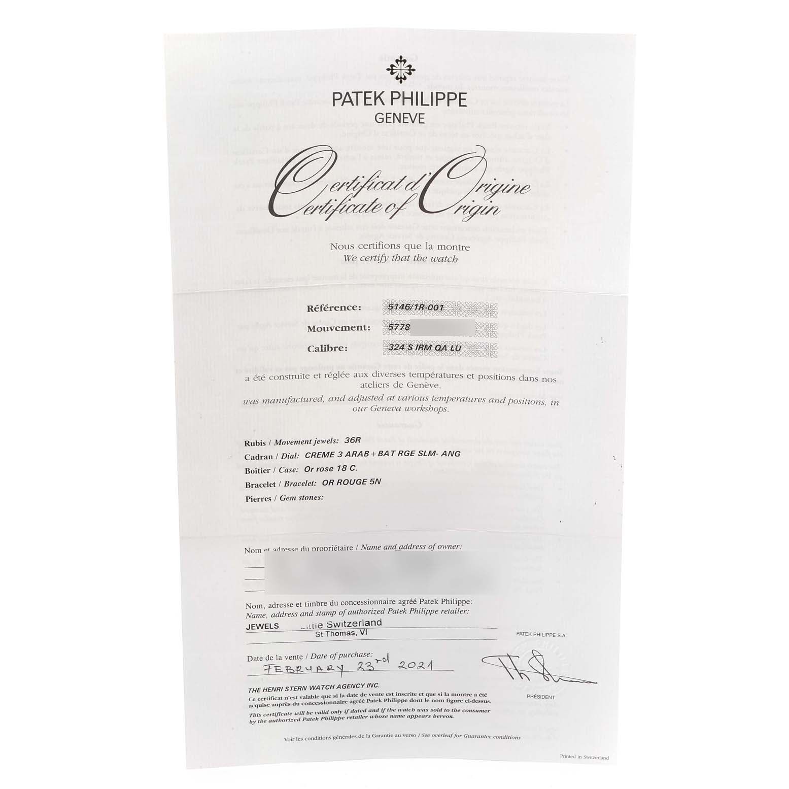 This image shows the Certificate of Origin for the Patek Philippe 5146R Men's Rose Gold Beige Dial 5146R Men's Rose Gold Beige Dial Complicated Annual Calendar Rose Gold Watch 5146 Box Papers model.