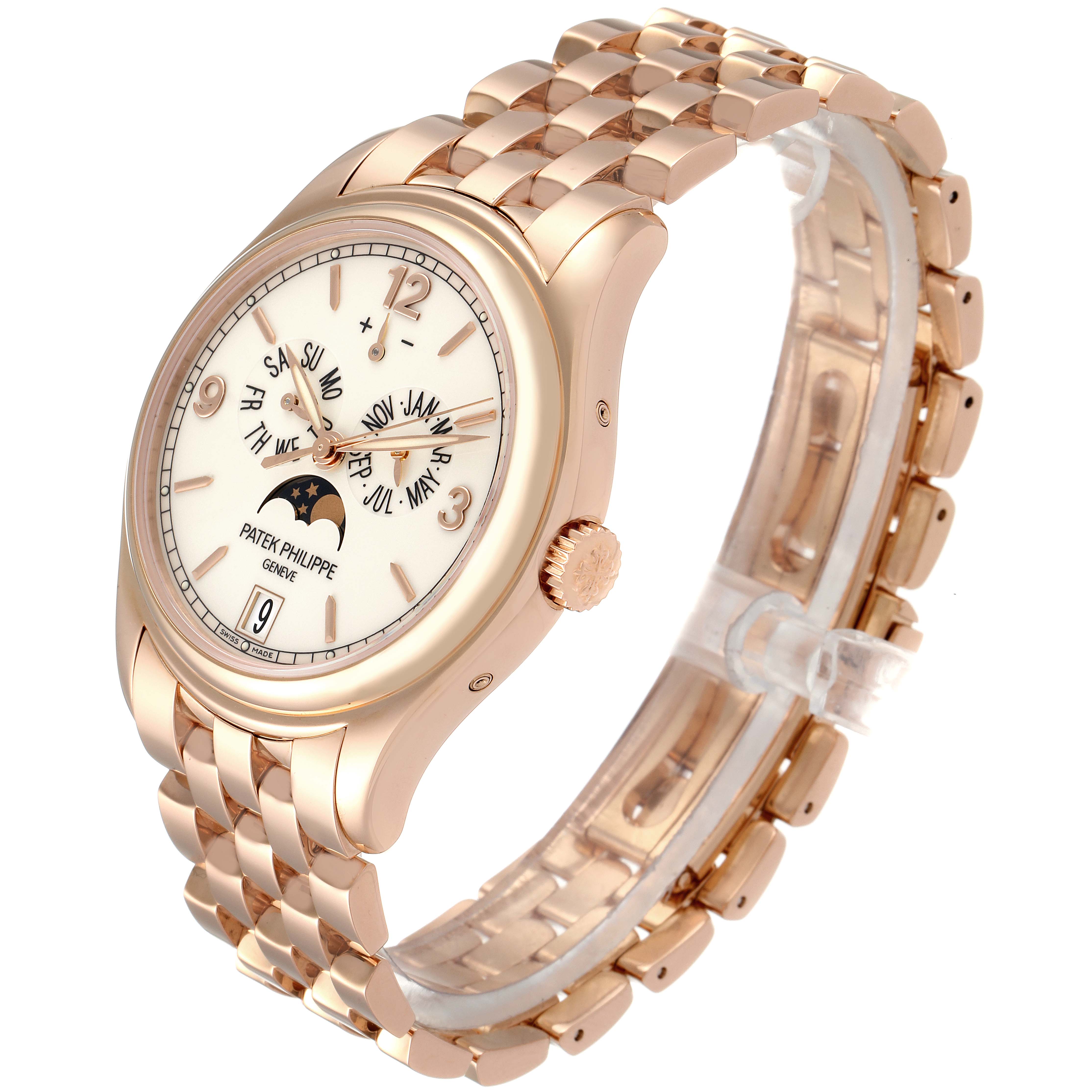 The image shows a Patek Philippe 5146R Men's Rose Gold Beige Dial 5146R Men's Rose Gold Beige Dial Complicated Annual Calendar Rose Gold Watch 5146 from a three-quarter angle, highlighting the dial and bracelet.