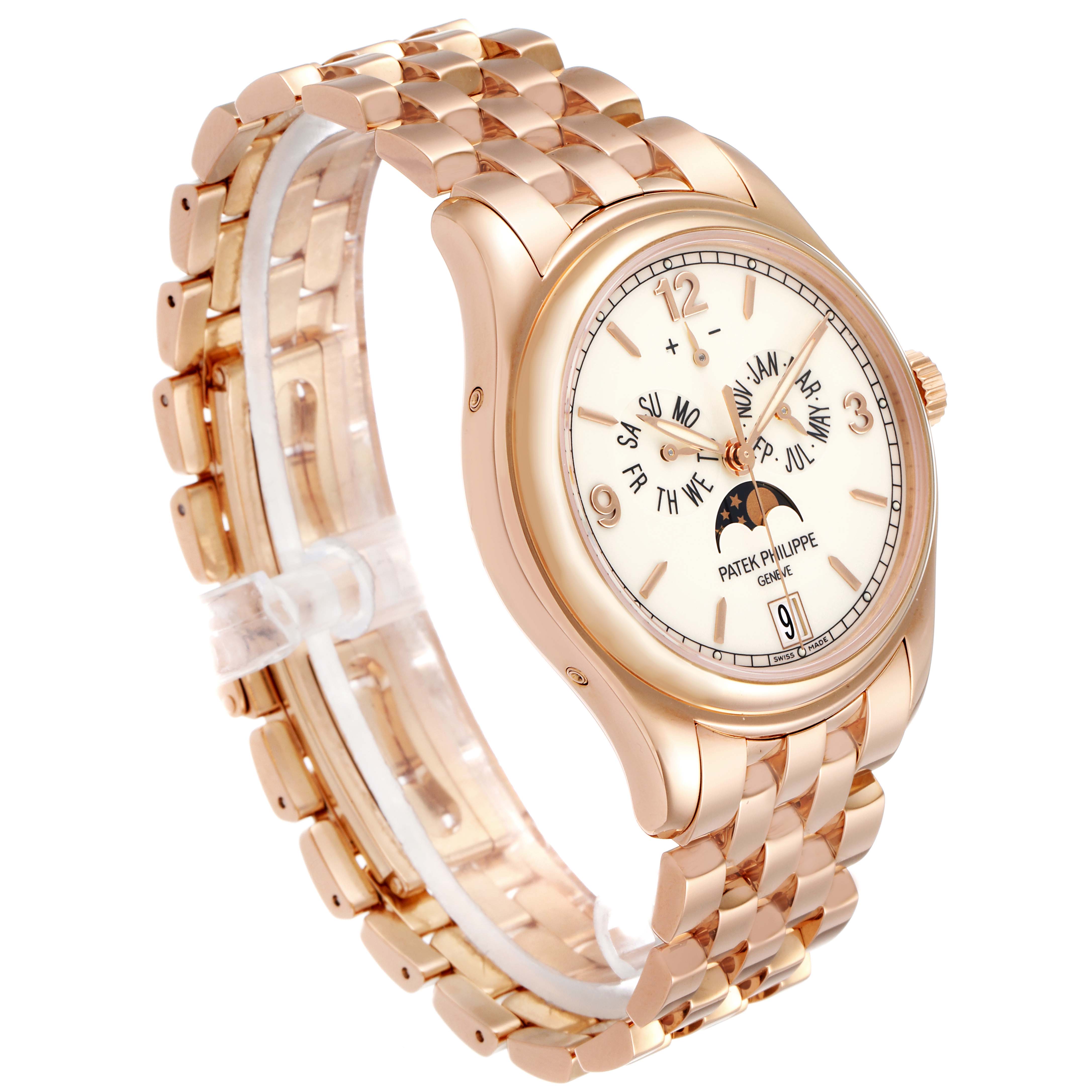 The image displays a side angle view of the Patek Philippe 5146R Men's Rose Gold Beige Dial 5146R Men's Rose Gold Beige Dial 5146 Complicated Annual Calendar Rose Gold Watch, showcasing its dial and bracelet.